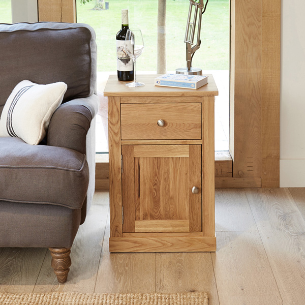 Harriet Contemporary Oak Lamp Table with Door and Drawer - Vantage Point