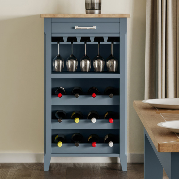 Ransley Oak Parquet Wine Rack with Drawer - Blue - Vantage Point