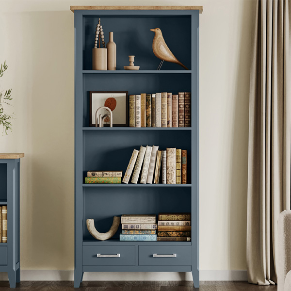 Ransley Oak Parquet Top 2 Drawer Tall Bookcase with Shelf - Blue - Vantage Point