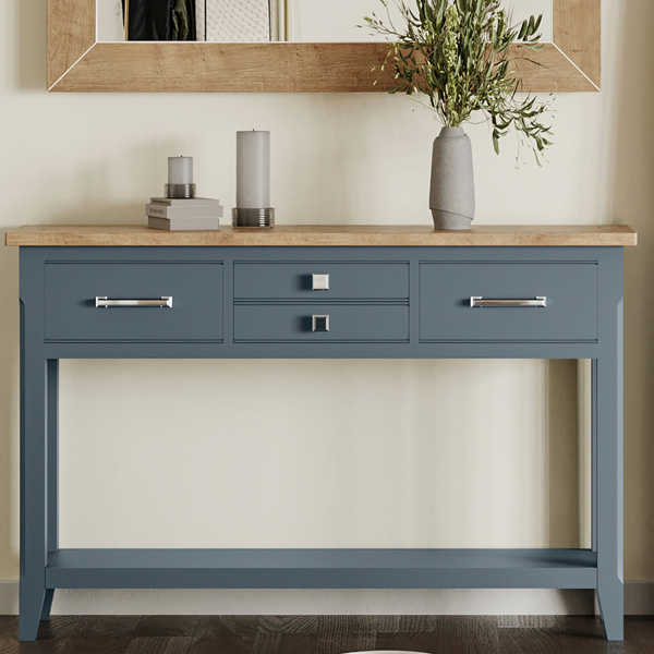 Ransley Small Console Table with Stylish 4 Drawer and Open Shelf - Blue - Vantage Point