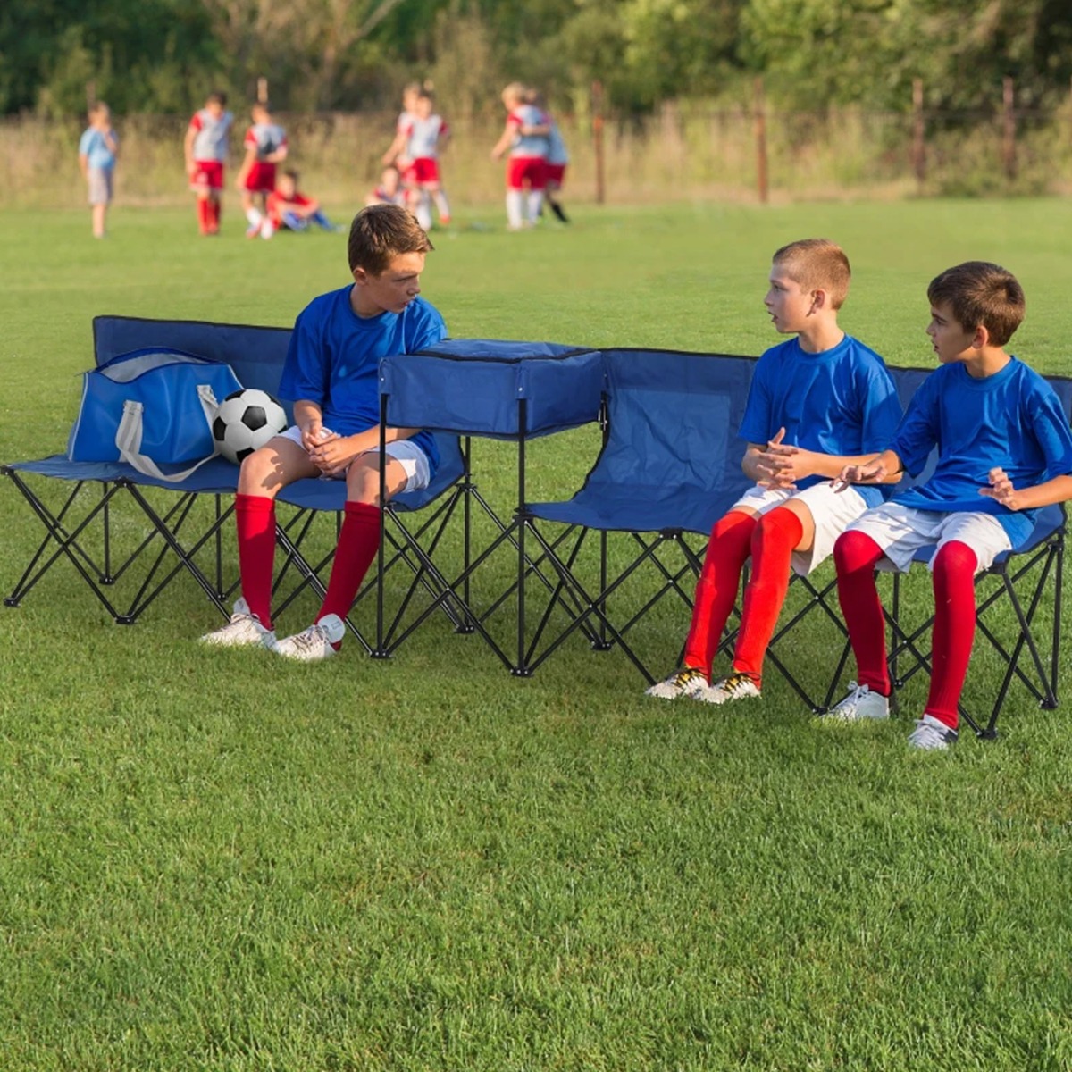 6 Seater Folding Steel Camping Bench with Cooler Bag - Blue - The Garden Savant