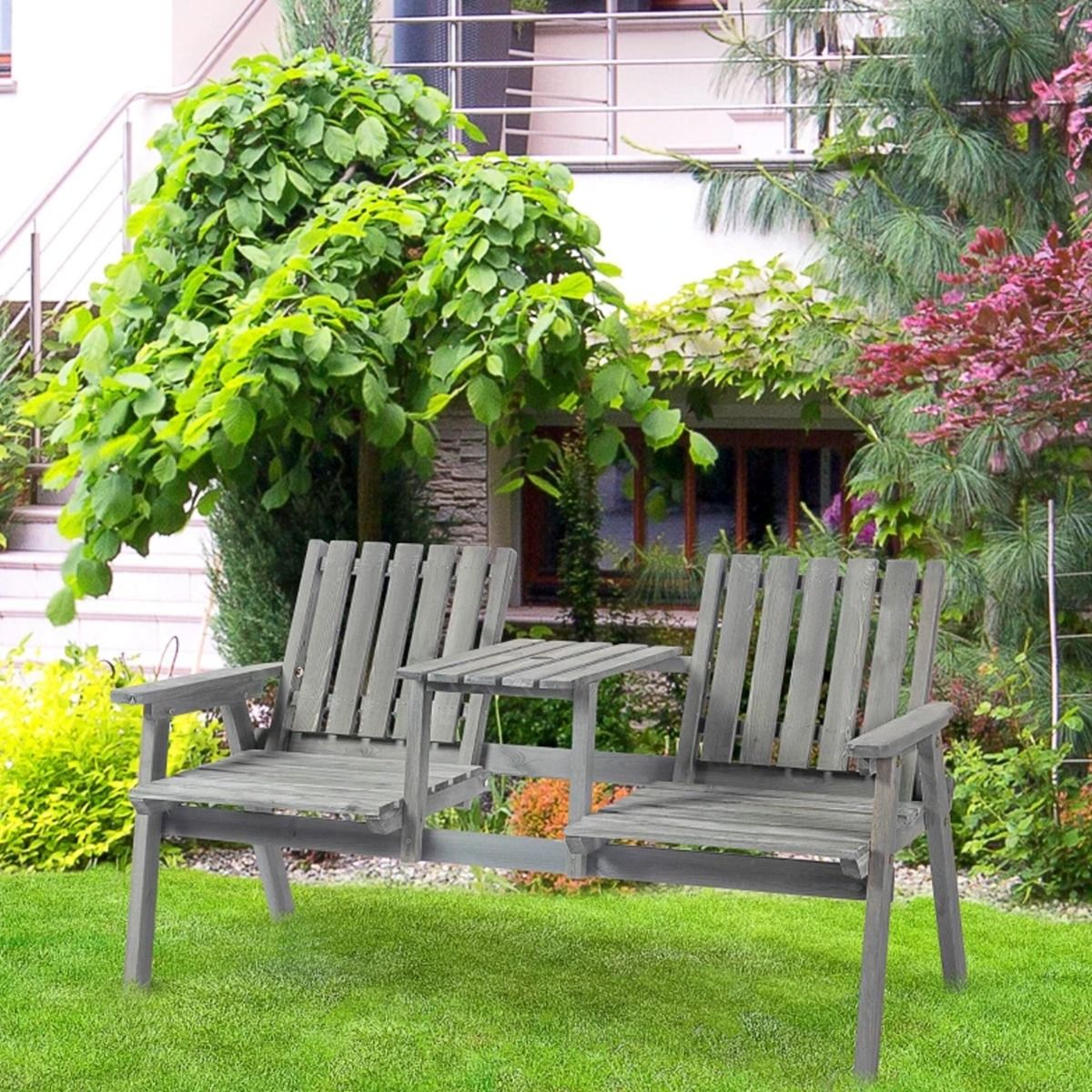 Antique Style 2 Seater Loveseat Garden Bench with Table and Parasol Hole - Grey - The Garden Savant