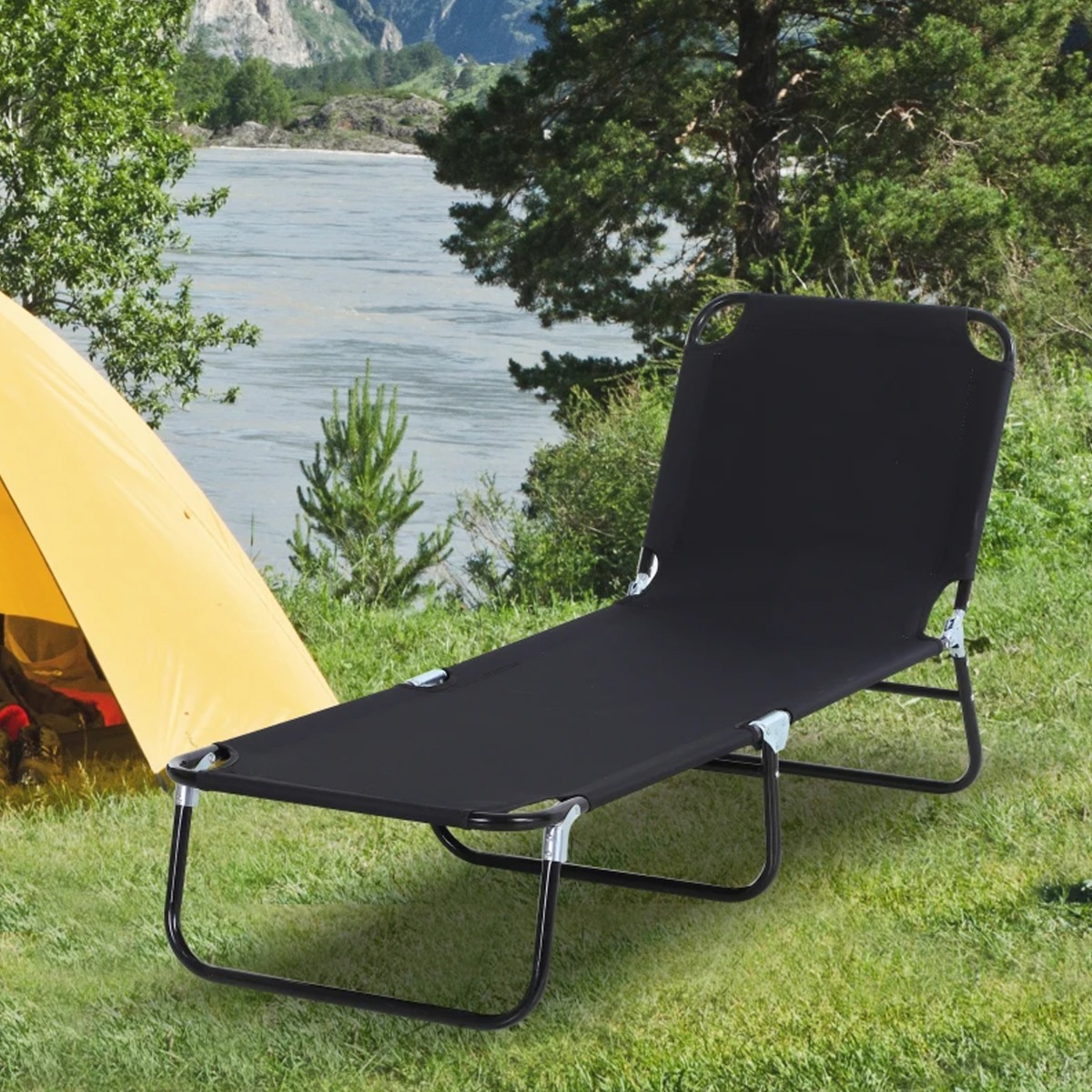 Portable Folding Sun Lounger With 3 Position Adjustable Backrest Recliner - Black - The Garden Savant