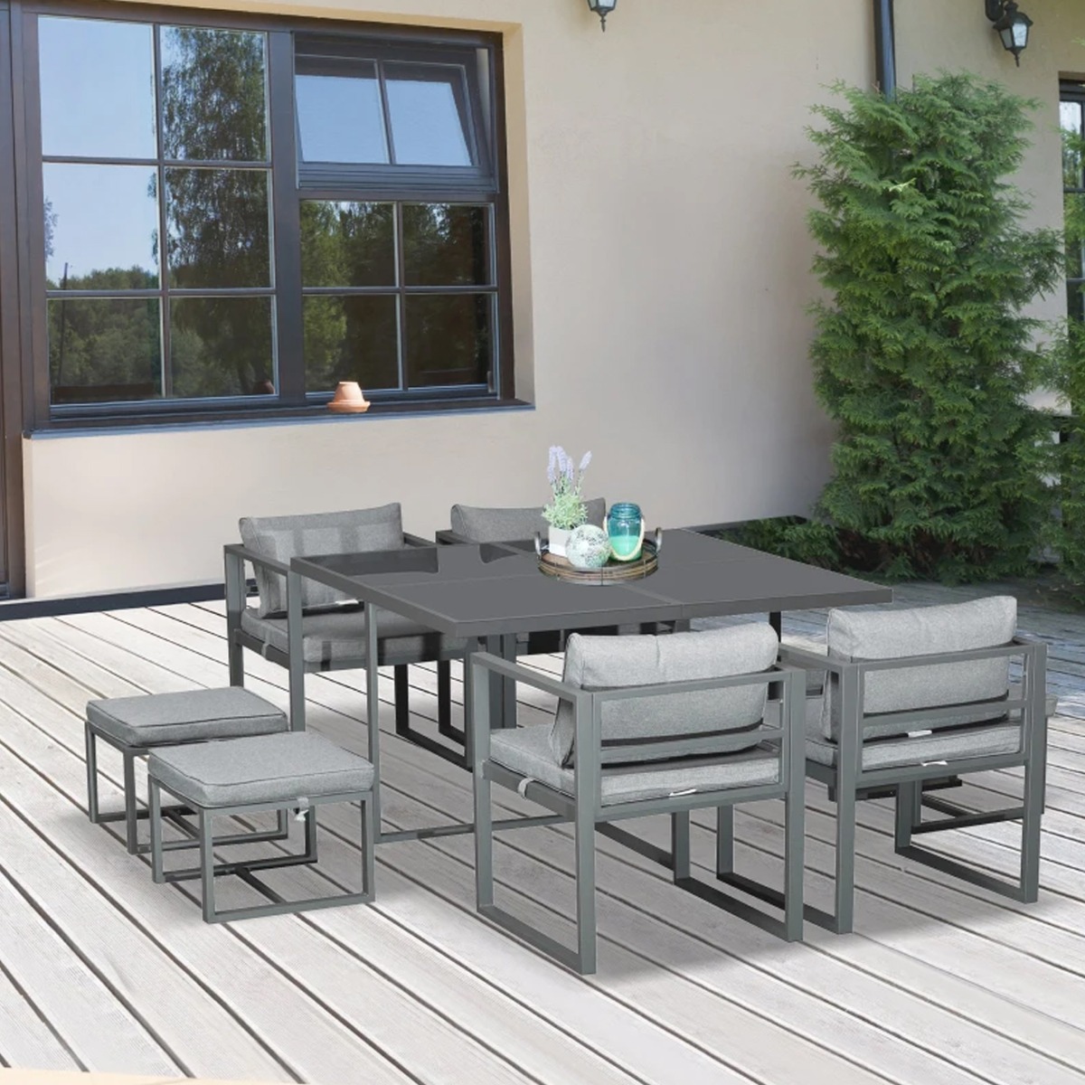 9 PCs Garden Dining Table Sets With 4 Cushioned Chairs and 4 Ottoman Table - Grey - The Garden Savant