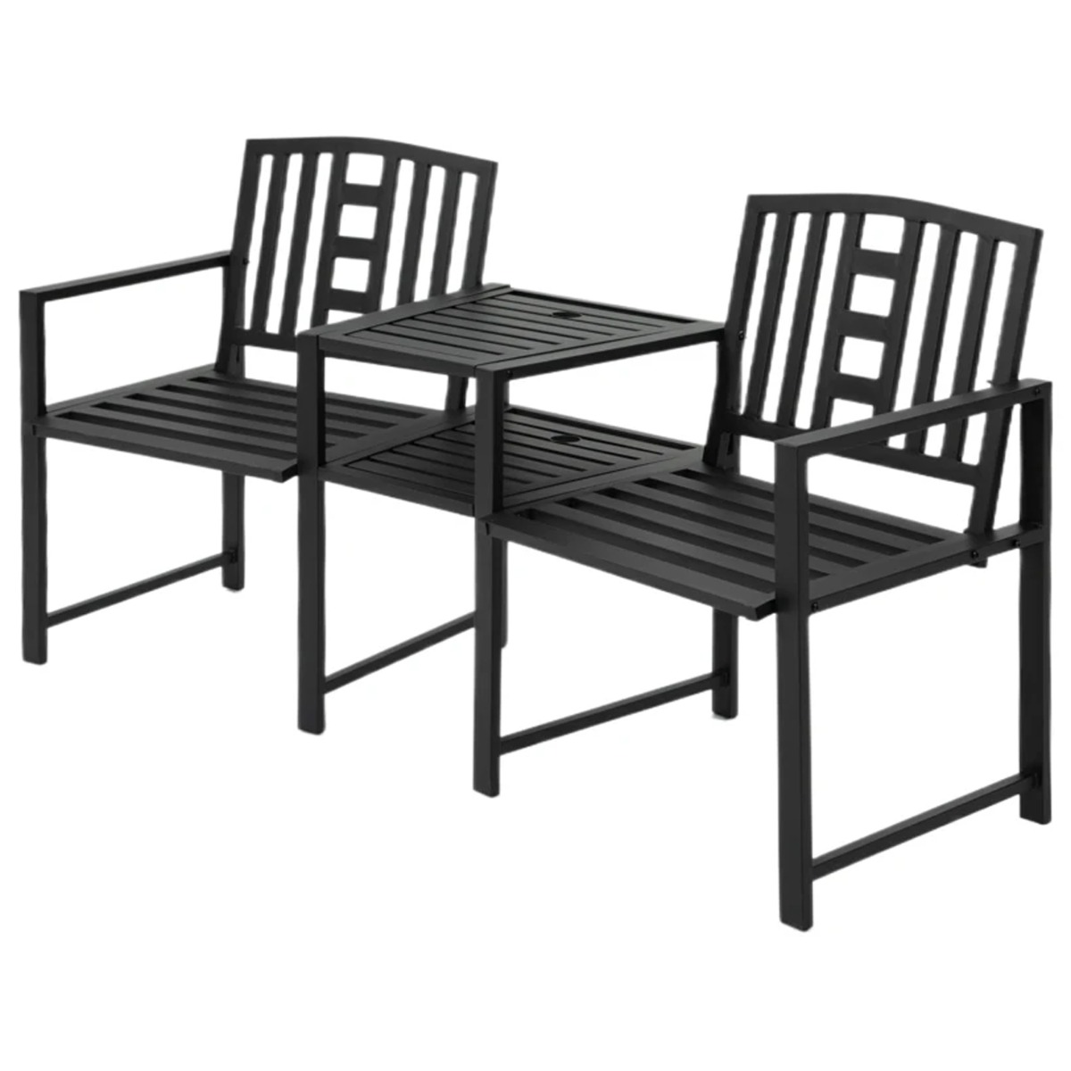 Slatted Design 2 Seat Garden Loveseats Bench with Coffee Table - Black - The Garden Savant