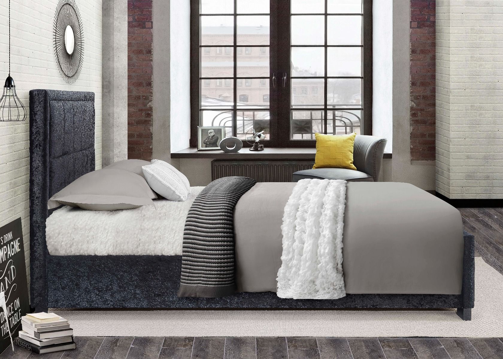 Birlea Hannover Black Crushed Velvet Bed Frame - Small Double 4ft - Birlea Essentials