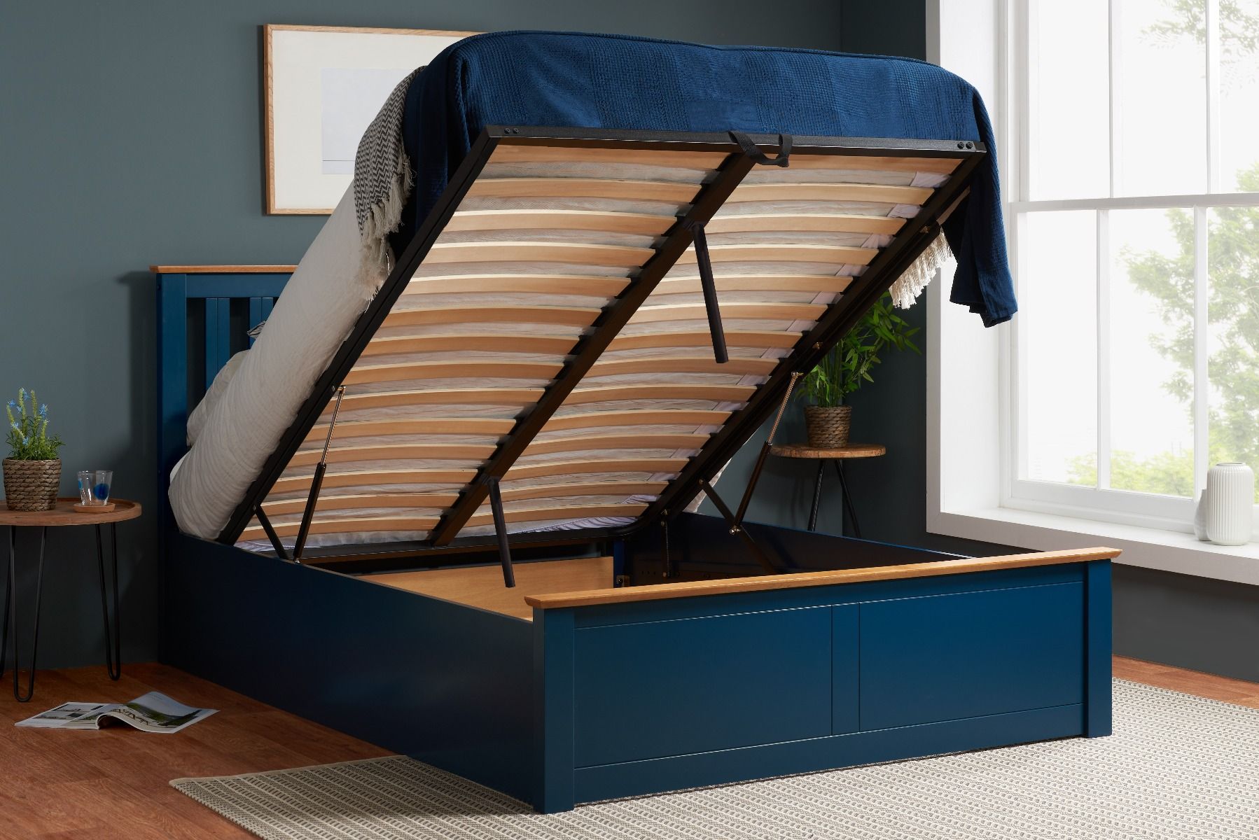 Phoenix Wooden Ottoman Storage Navy Blue Bed - Kingsize 5ft - Birlea Essentials