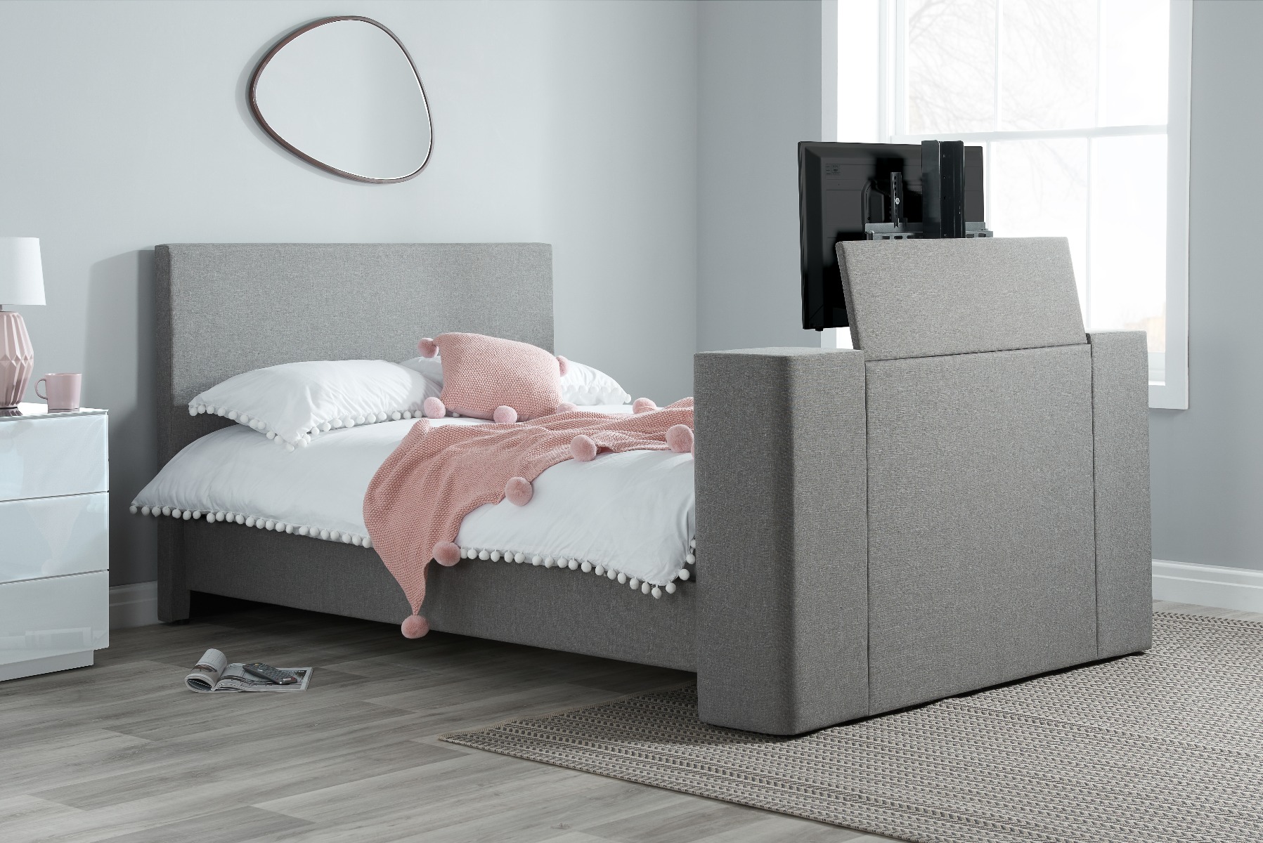 Solid Frame Grey Fabric Plaza TV Bed - Standard Double 4ft6 - Birlea Essentials