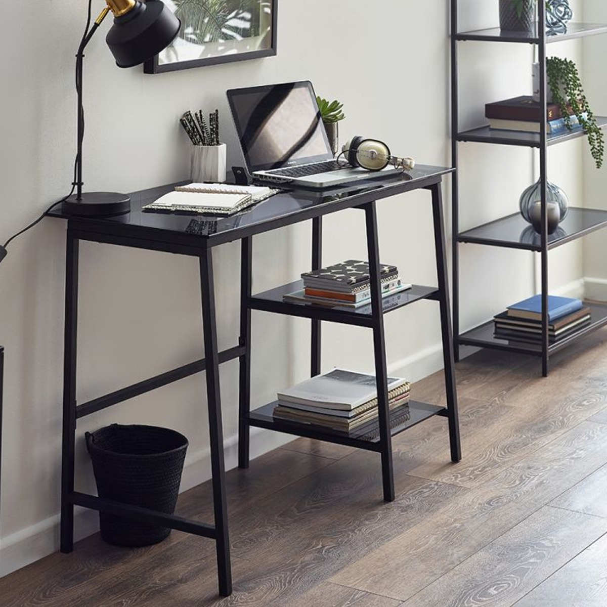 Black Frame Chicago Computer Desk with Open Shelfs - Smoked Glass Top - JB Collections