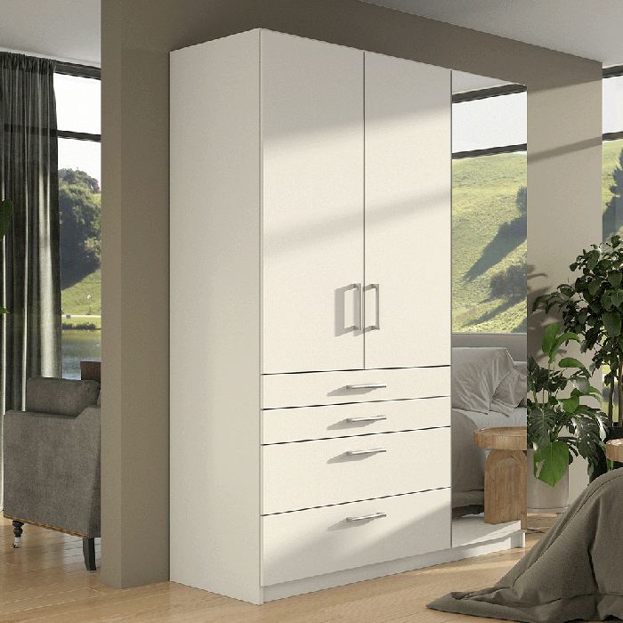 ELARIS 3 Door Mirrored Wardrobe with 4 Drawers White - 150cm - Avellino & Wells