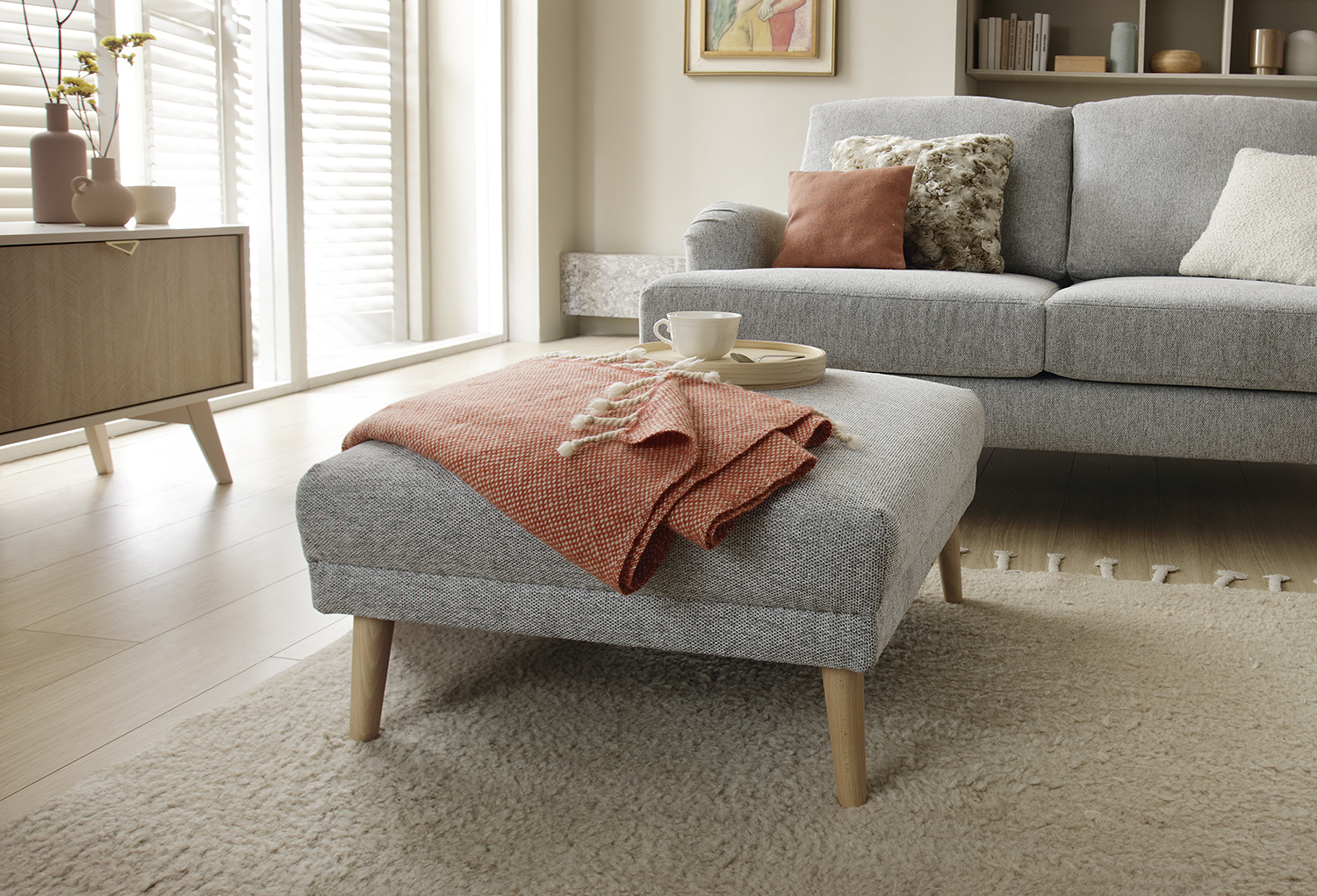Ponting Chenille Square Footstool - Light Grey - Moonlight Interiors