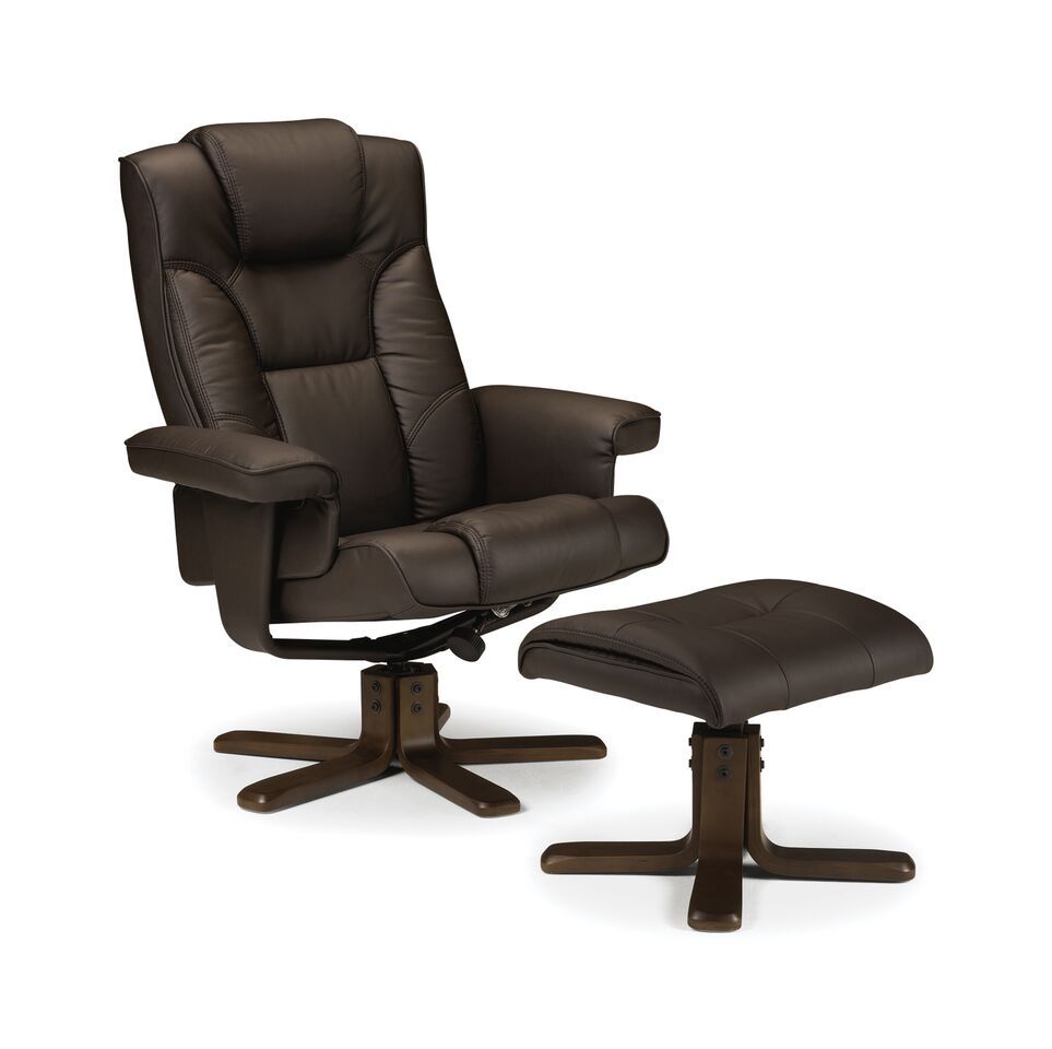 Malmo Faux Leather Swivel Recliner Armchair and Stool - Brown - JB Collections