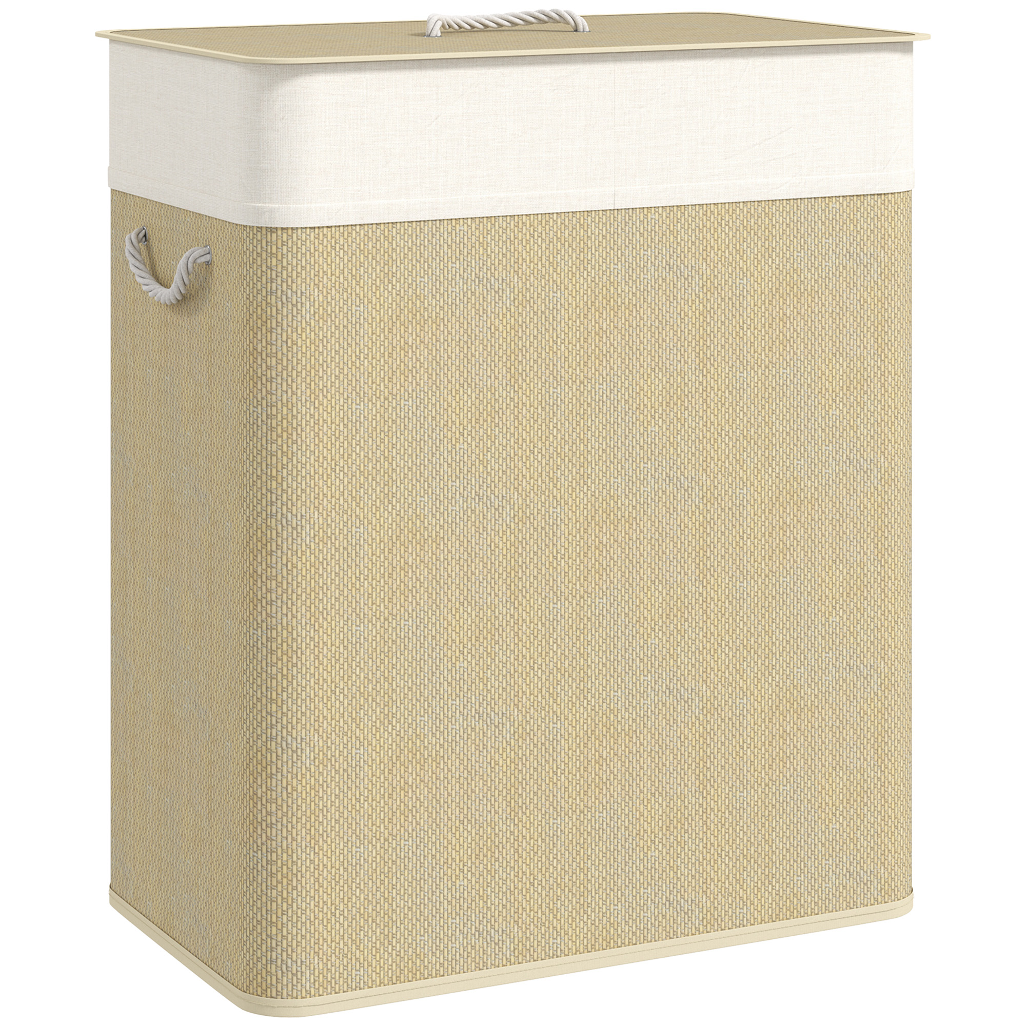HERON Double Laundry Basket with Lid Bamboo Laundry Hamper Cream White - Life Essentials