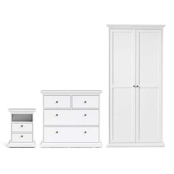 Wardrobe Set - PORTHOPE 2 Door Bedroom Set 3 Piece White 96cm - Rosalind Collection