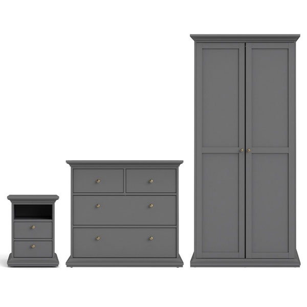 Wardrobe Set - PORTHOPE 2 Door Bedroom Set 3 Piece Matt Grey 96cm - Rosalind Collection