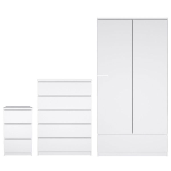 Wardrobe Set - NANAIMO 2 Door Bedroom Set 3 Piece White 98cm - Rosalind Collection