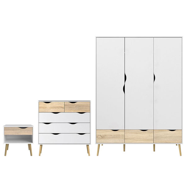 Wardrobe Set - OSSETT 3 Door Bedroom Set 3 Piece White and Oak 147cm - Rosalind Collection