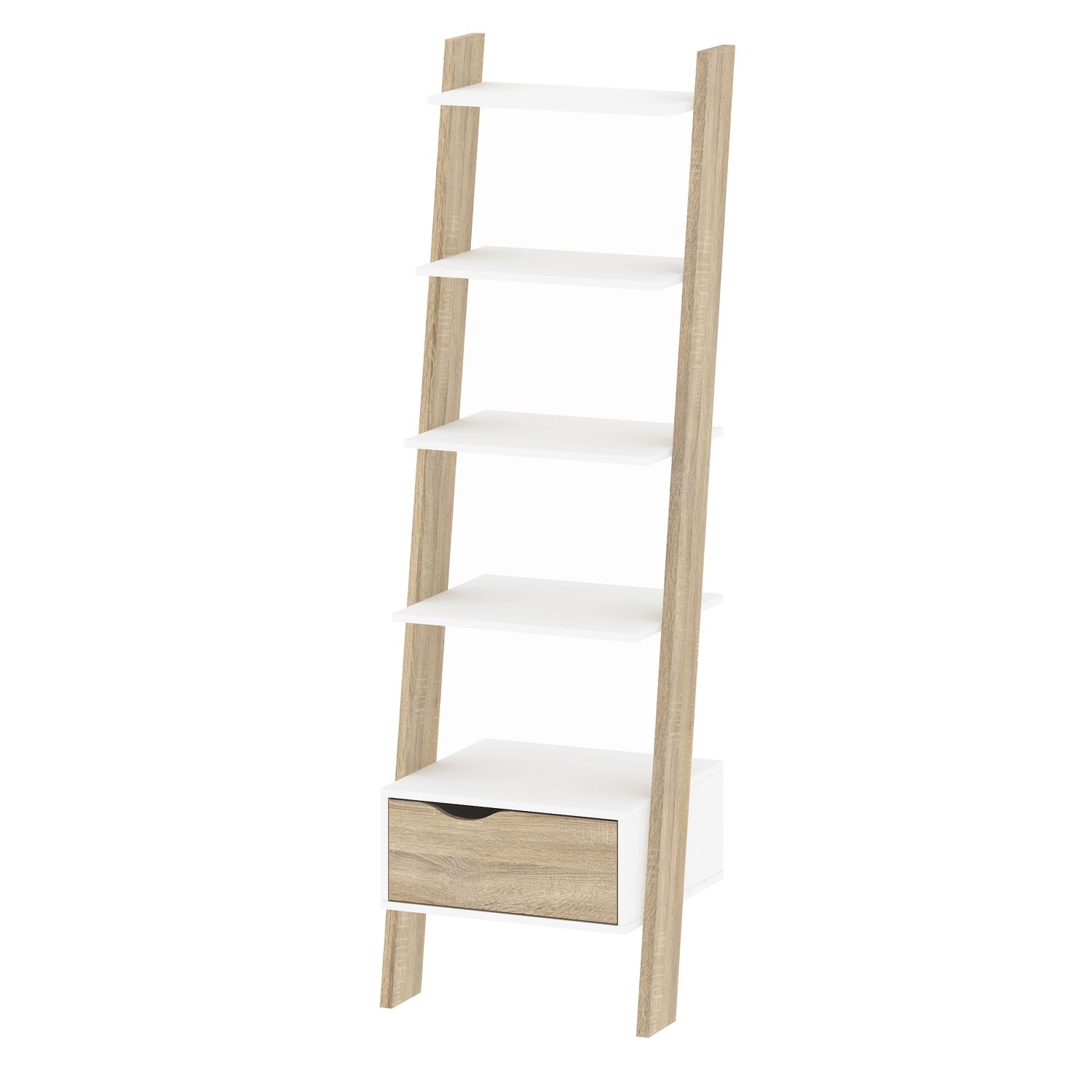 Oslo Leaning Bookcase 1 Drawer in White and Oak - White and Oak - Rosalind Collection