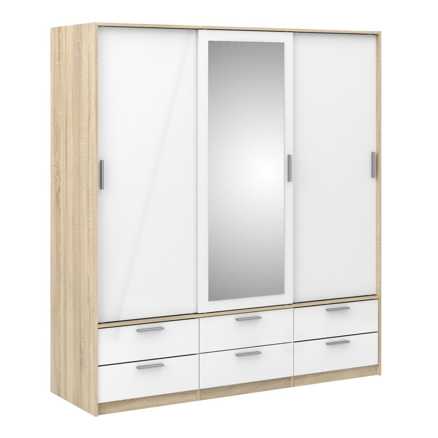 Sliding Wardrobe - LACOSTE 3 Door Mirrored Wardrobe Oak with White High Gloss 181.4cm - Rosalind Collection