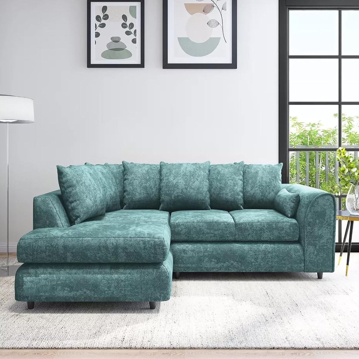 LORVANI Fabric 4 Seater L Shaped Scatterback Corner Sofa - Teal, Left Hand Facing - Home Done