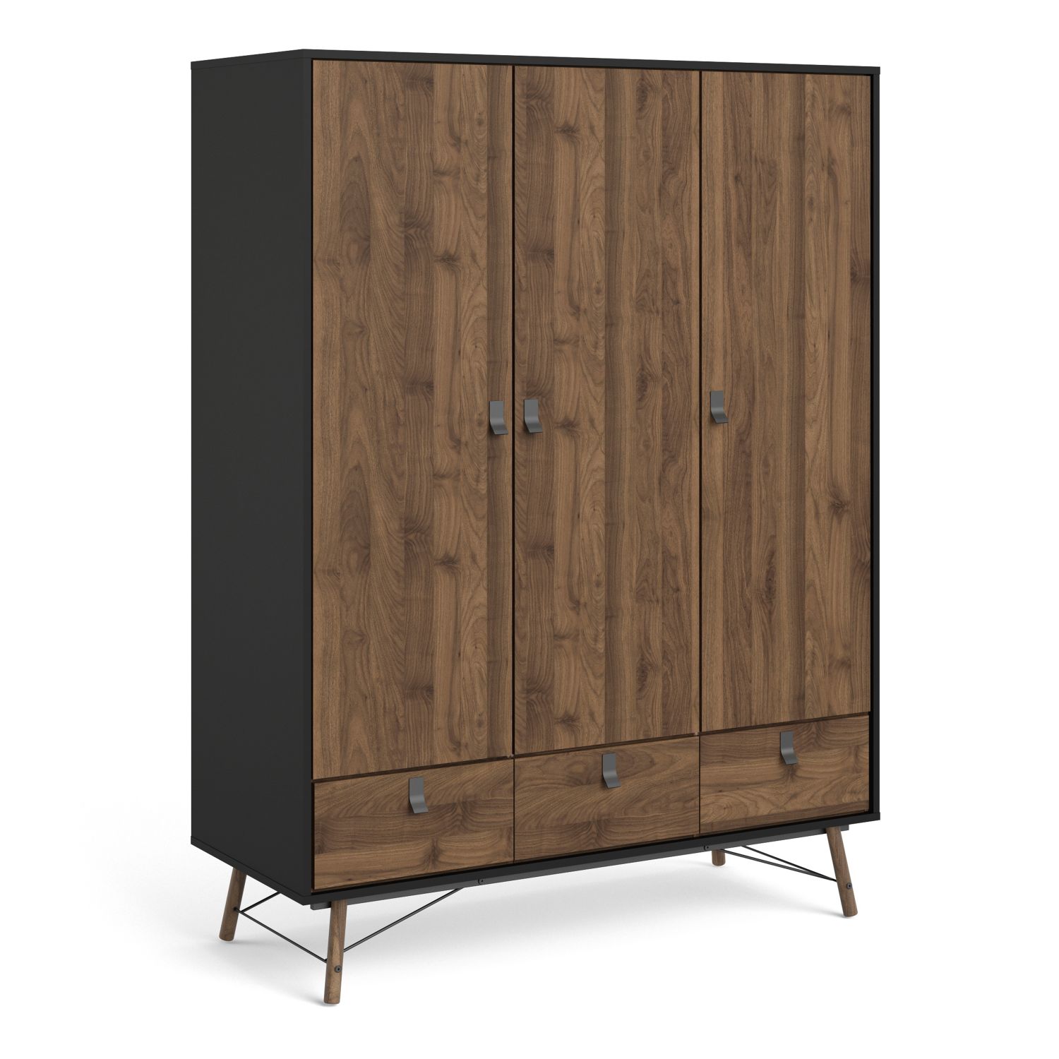 Wardrobe - RYTON 3 Door Wardrobe Matt Black Walnut 150.2cm - Rosalind Collection
