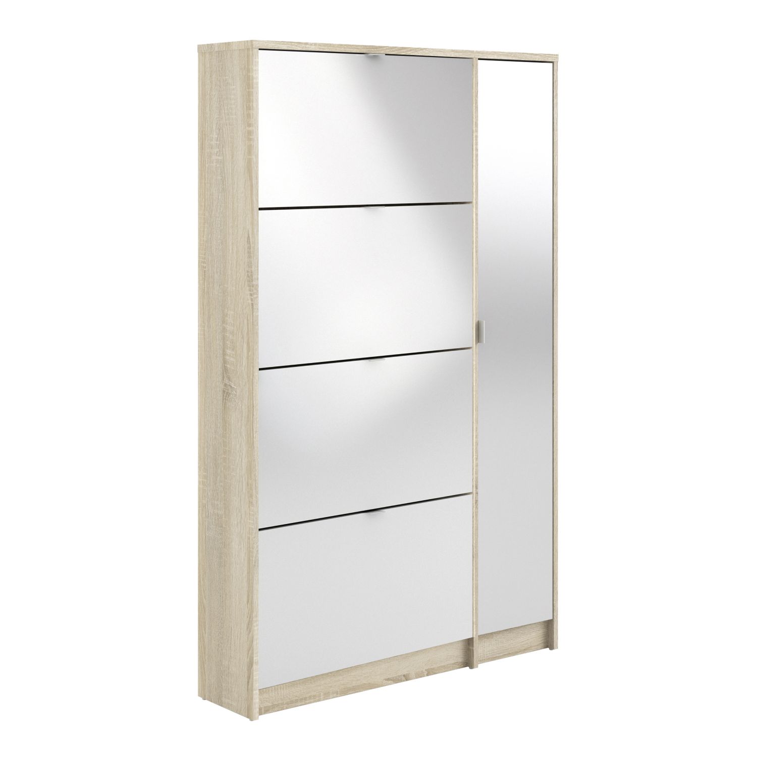 Shoe cabinet w. 4 tilting doors and 2 layers + 1 mirror door - Oak structure White high gloss - Rosalind Collection