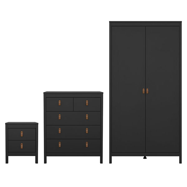 Wardrobe Set - BURNLEY 2 Door Bedroom Set 3 Piece Matt Black 102cm - Rosalind Collection