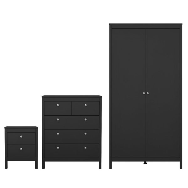 Wardrobe Set - MEMPHIS 2 Door Bedroom Set 3 Piece Matt Black 102cm - Rosalind Collection
