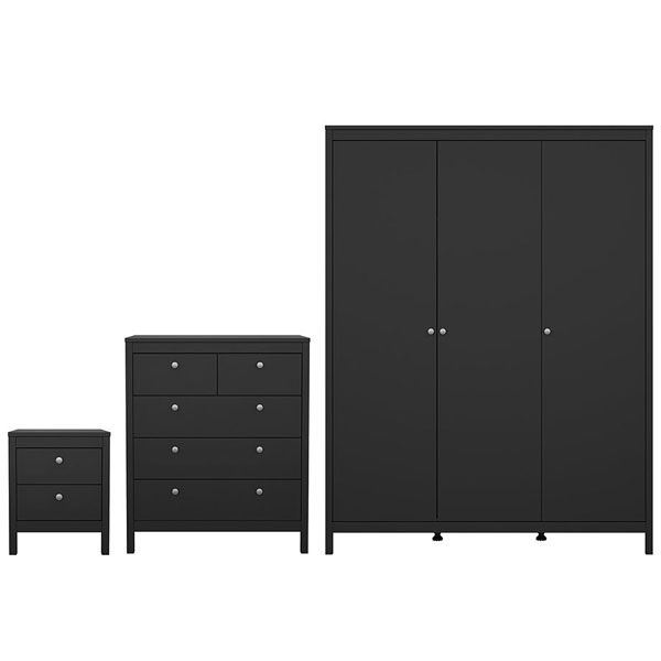 Wardrobe Set - MEMPHIS 3 Door Bedroom Set 3 Piece Matt Black 149cm - Rosalind Collection