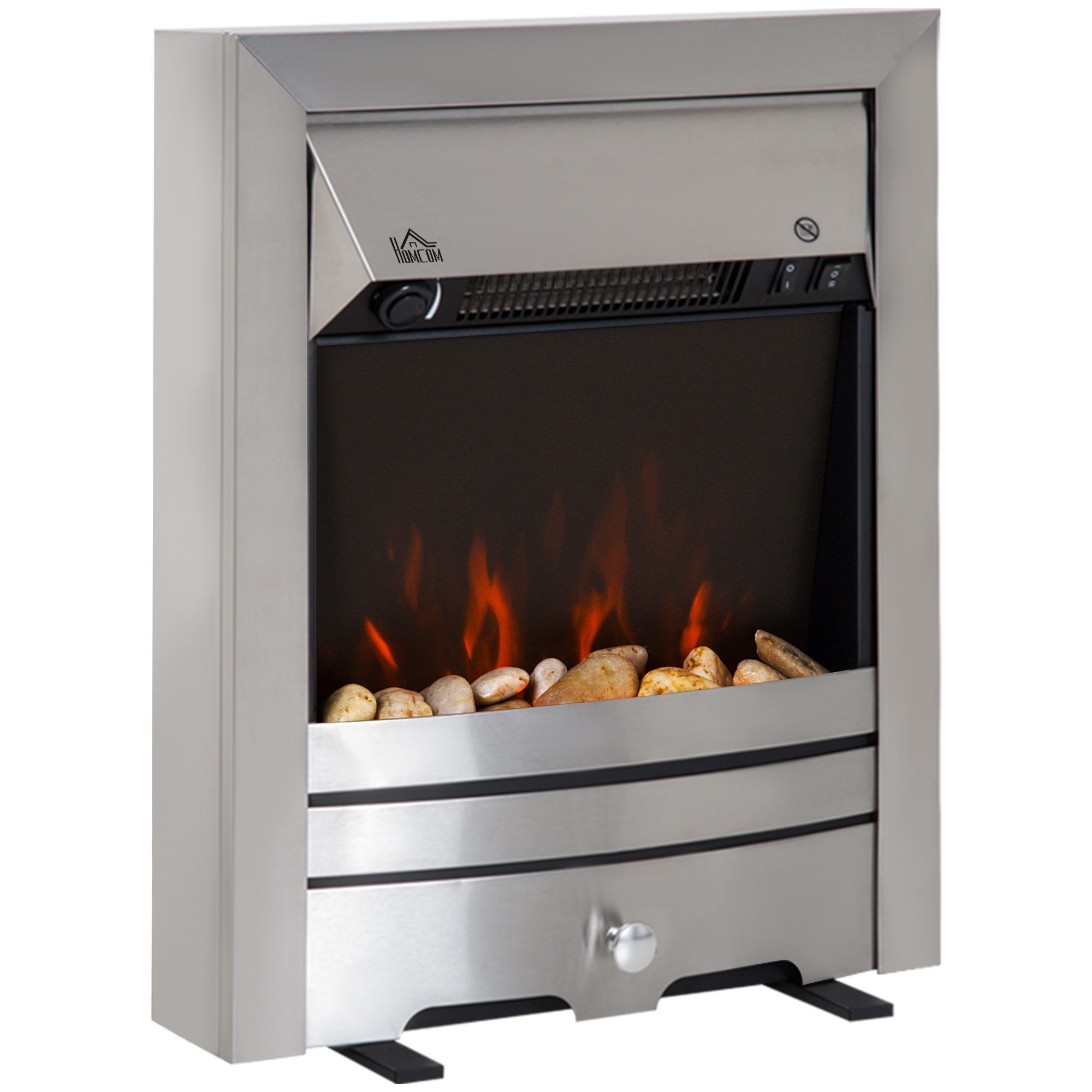 Stainless Steel 2KW Electric Fireplace Pebble Burning Effect Heater Fire Flame Indoor Stove LED Lighting - Silver - Life Essentials