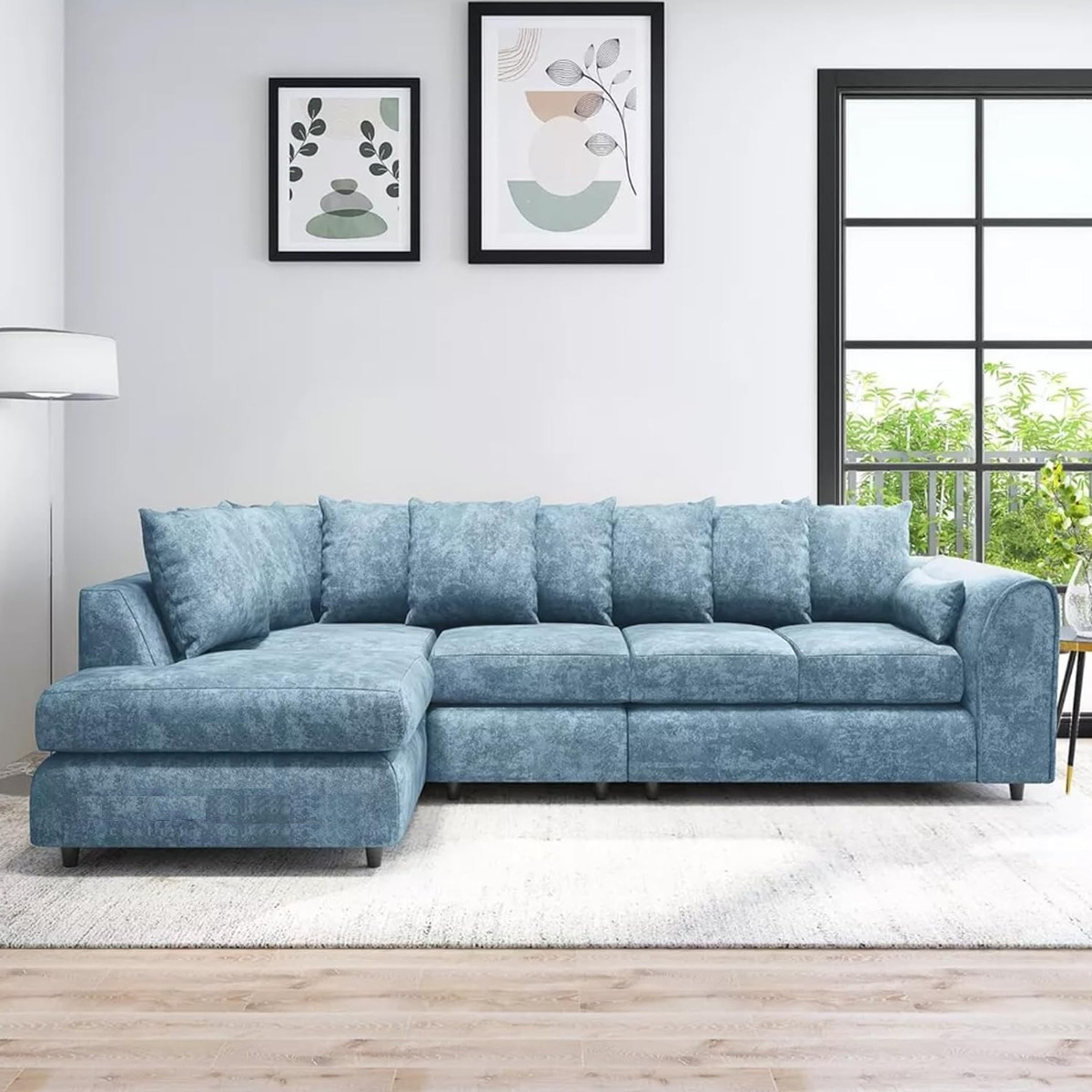 LORVANI Fabric Large 5 Seater L Shaped Scatterback Corner Sofa - Sky Blue, Left Hand Facing - Home Done