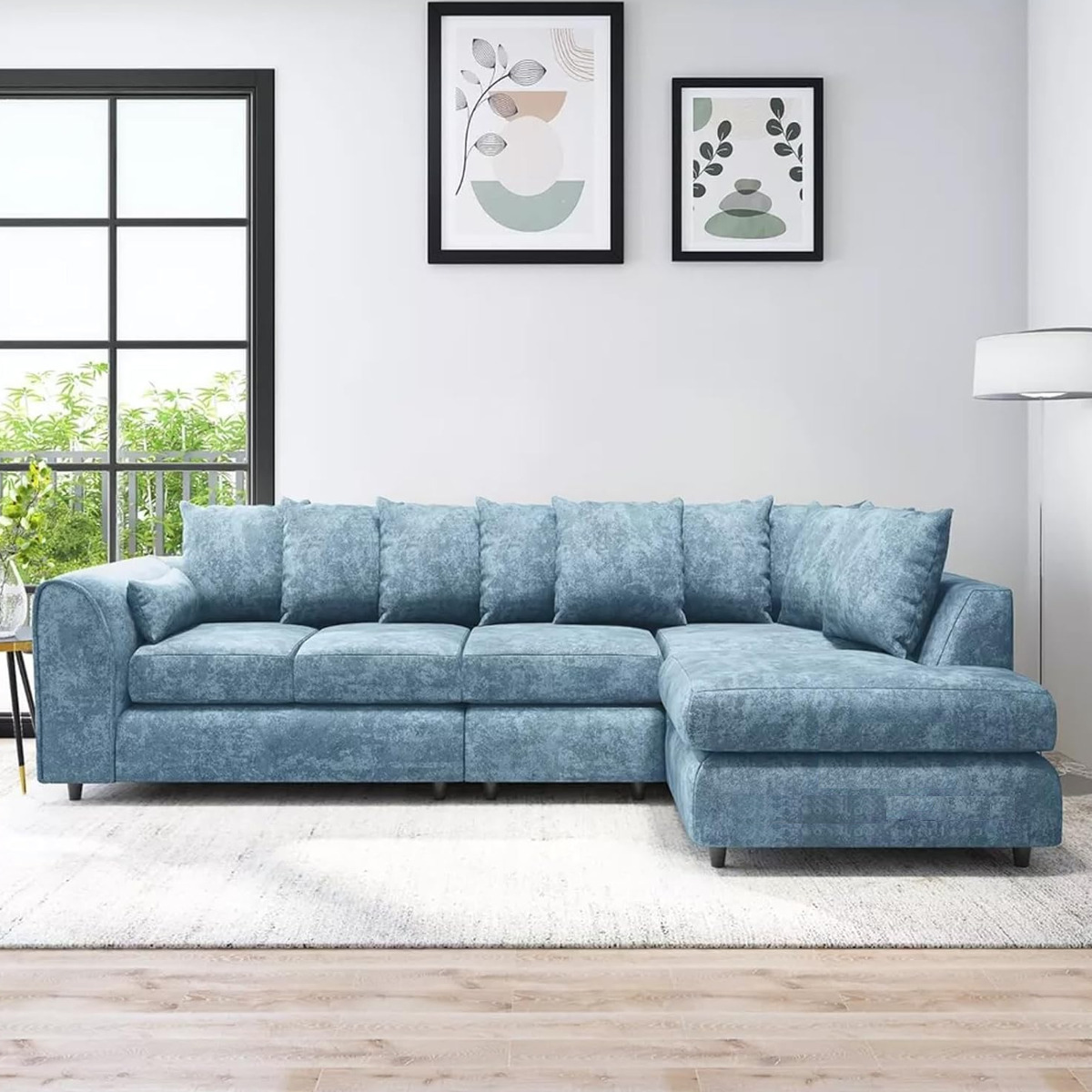 LORVANI Fabric Large 5 Seater L Shaped Scatterback Corner Sofa - Sky Blue, Right Hand Facing - Home Done