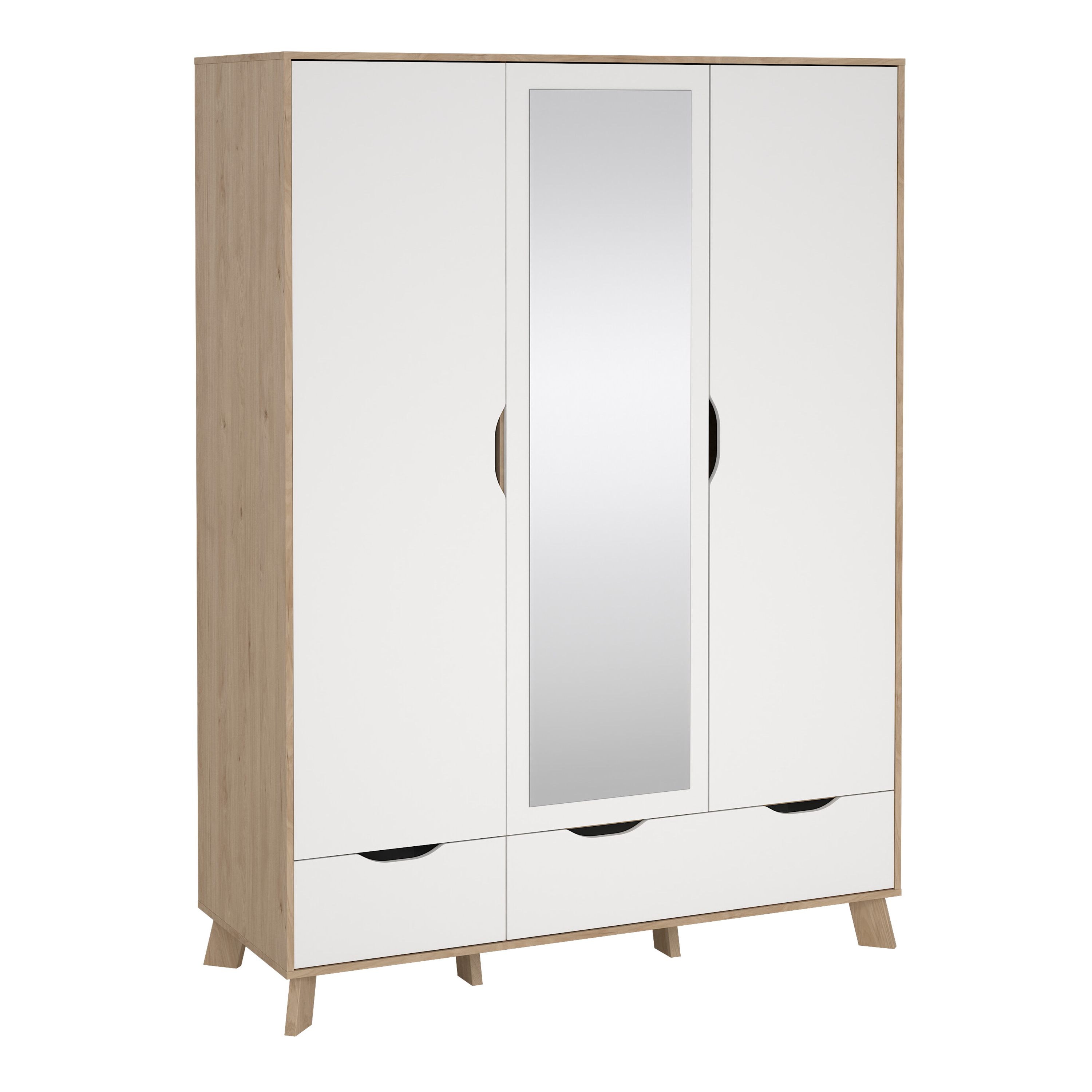 Wardrobe - IKRON 3 Doors and 2 Drawers Mirrored Wardrobe Jackson Hickory and White 147cm - Rosalind Collection