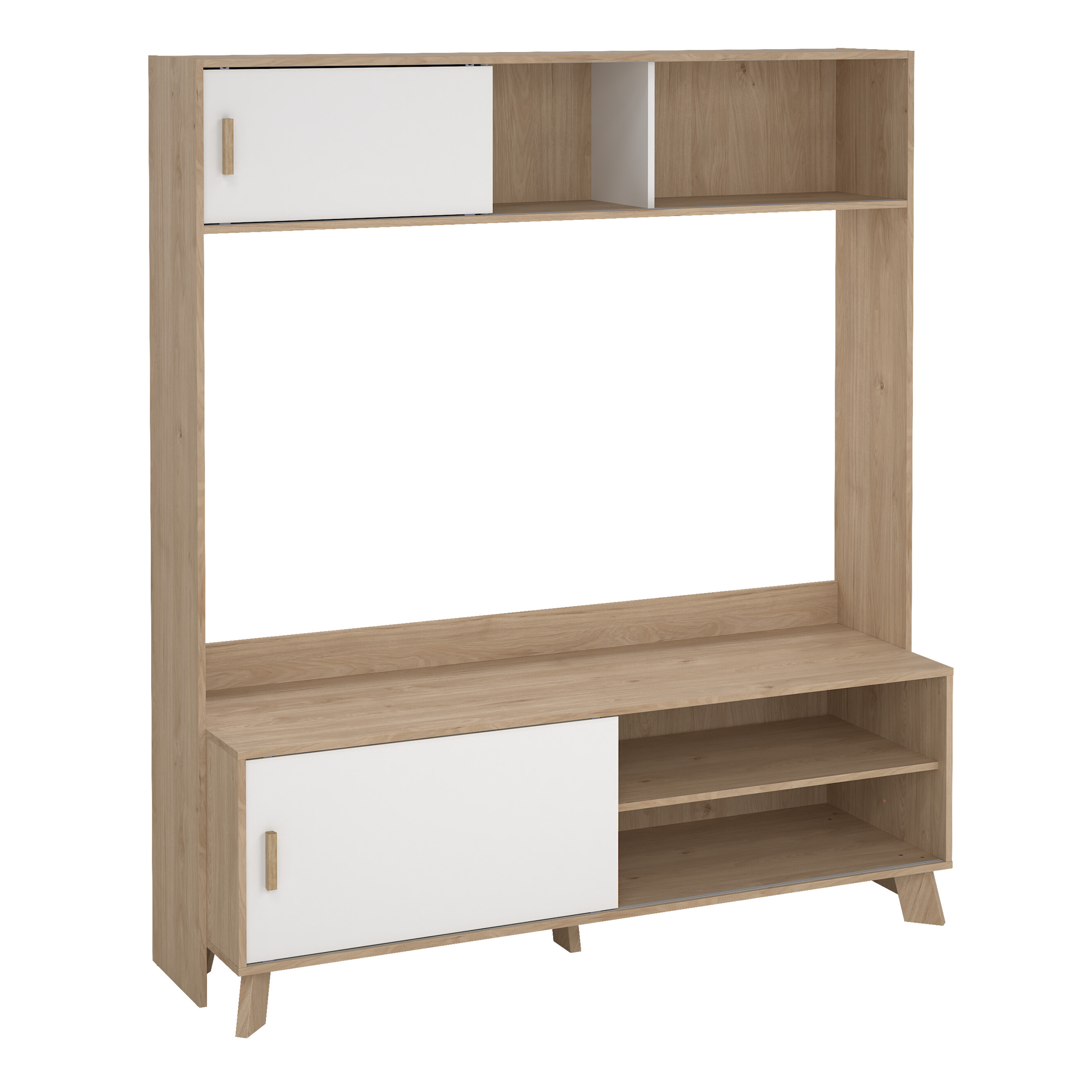 IKRON TV-Wall Unit with 2 Sliding Doors in Jackson Hickory and White - Rosalind Collection