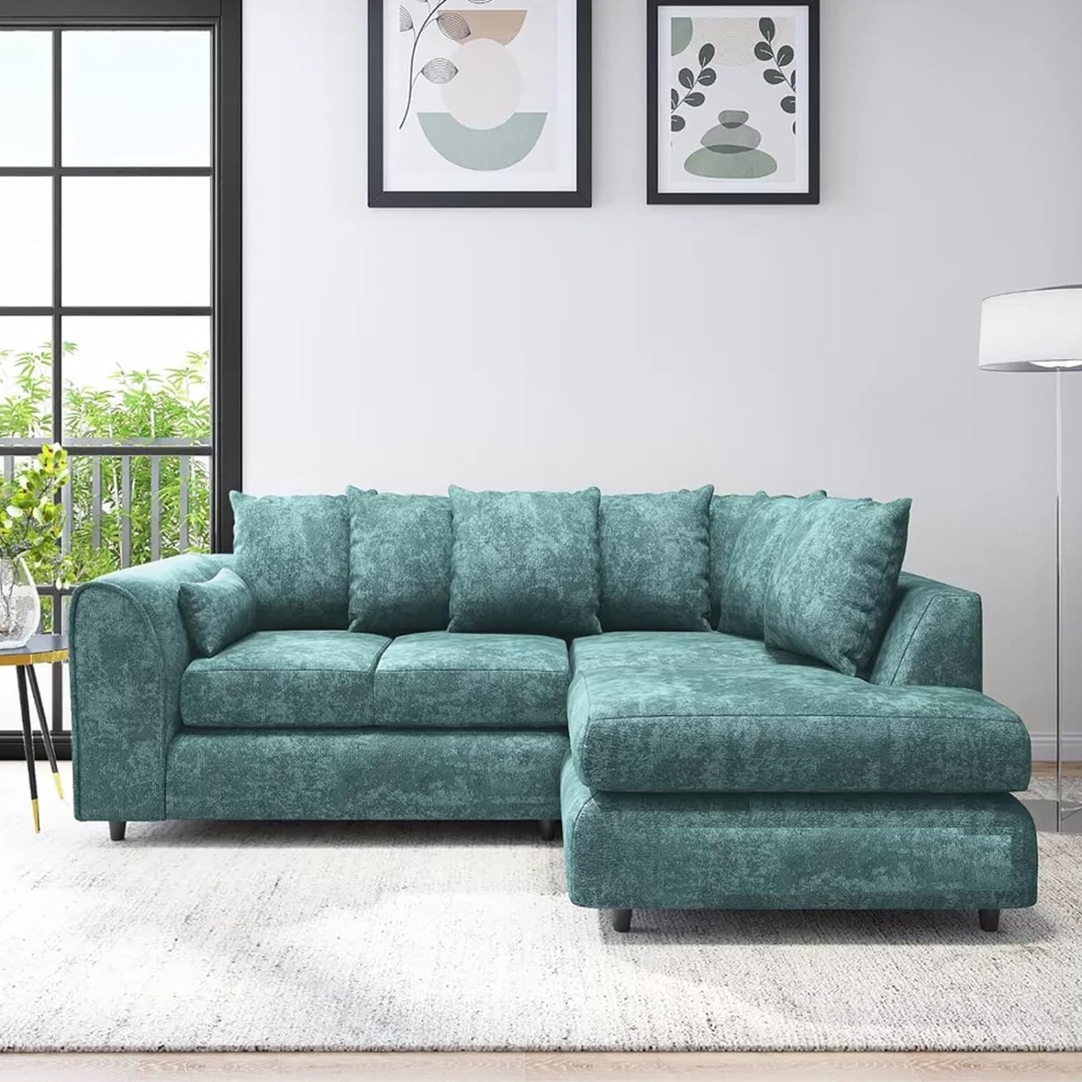 LORVANI Fabric 4 Seater L Shaped Scatterback Corner Sofa - Teal, Right Hand Facing - Home Done