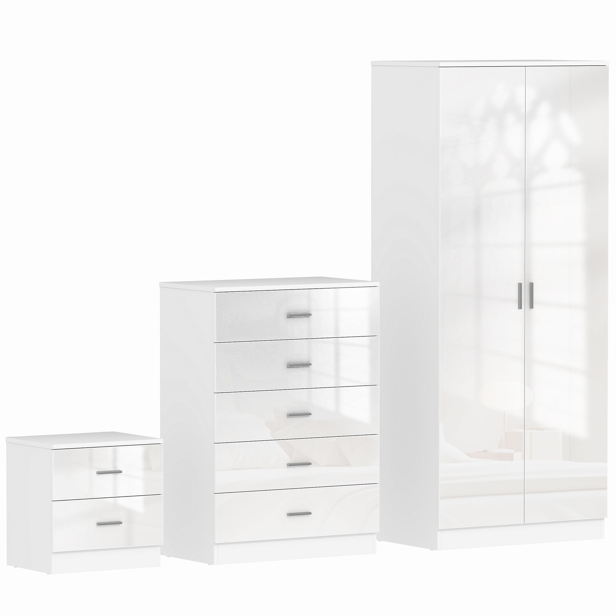 YOLWA 2 Door Wardrobe Set 3 Piece - White Gloss - Life Essentials