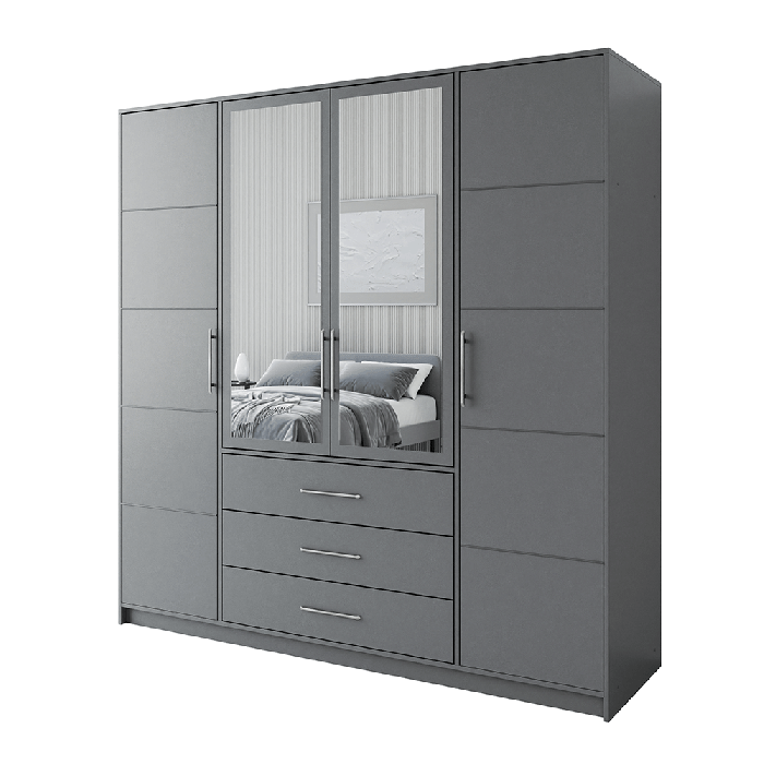 BARNSLEY 4 Door Mirrored Wardrobe with 3 Drawers Grey - 196cm - Avellino & Wells