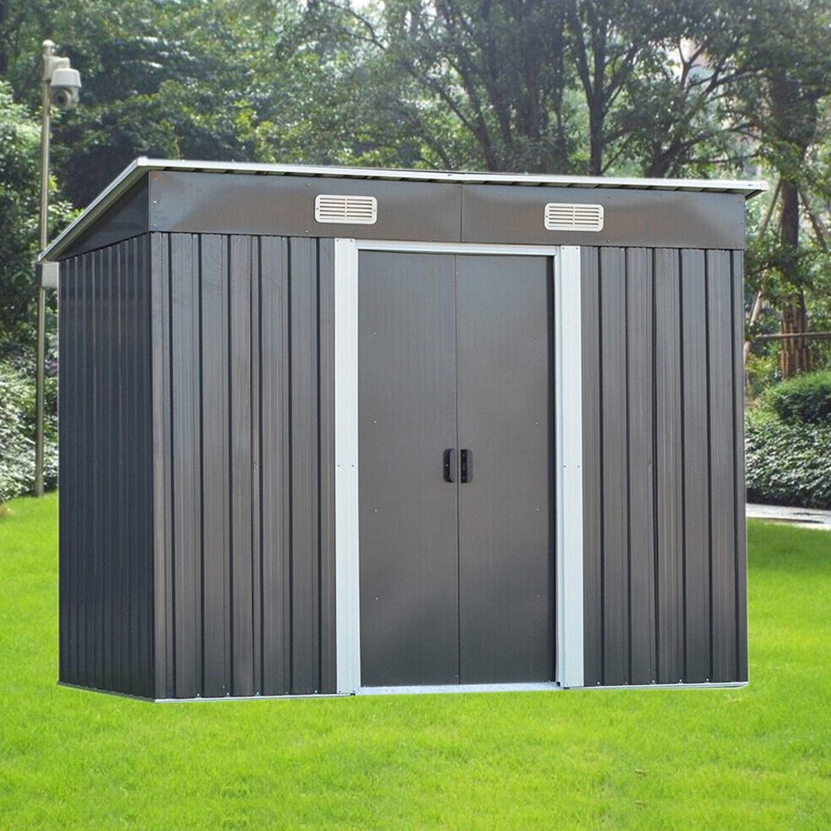 Grey Metal Garden Shed with Two Sliding Door and Vent 8FT X 4FT - Bedroom & More