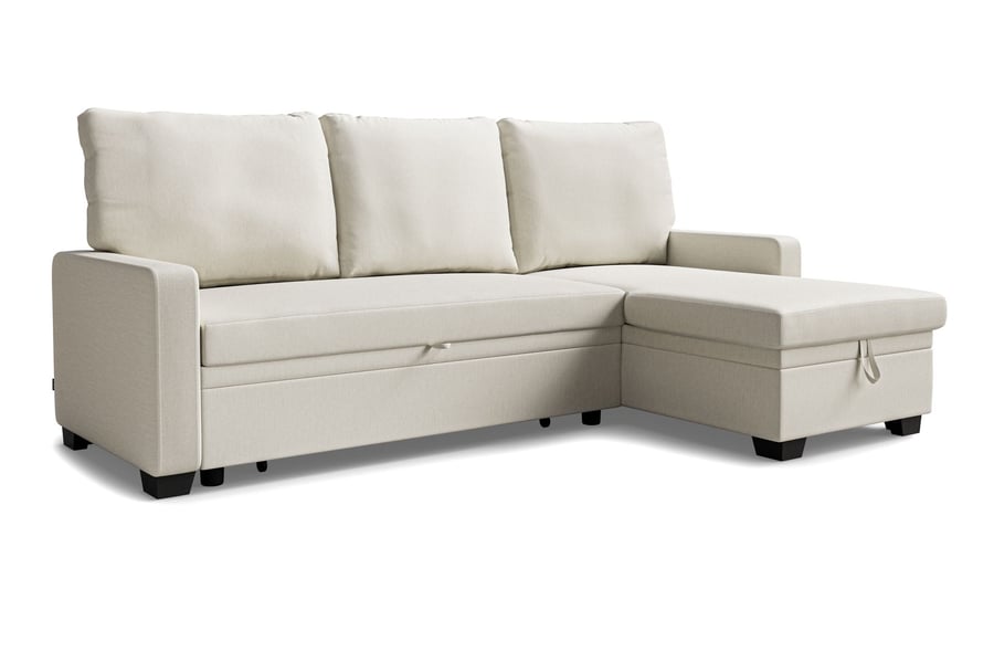 QUINDLE Fabric 3 Seater L Shaped Corner Sofabed - Cream, Reversible Facing - Avellino & Wells