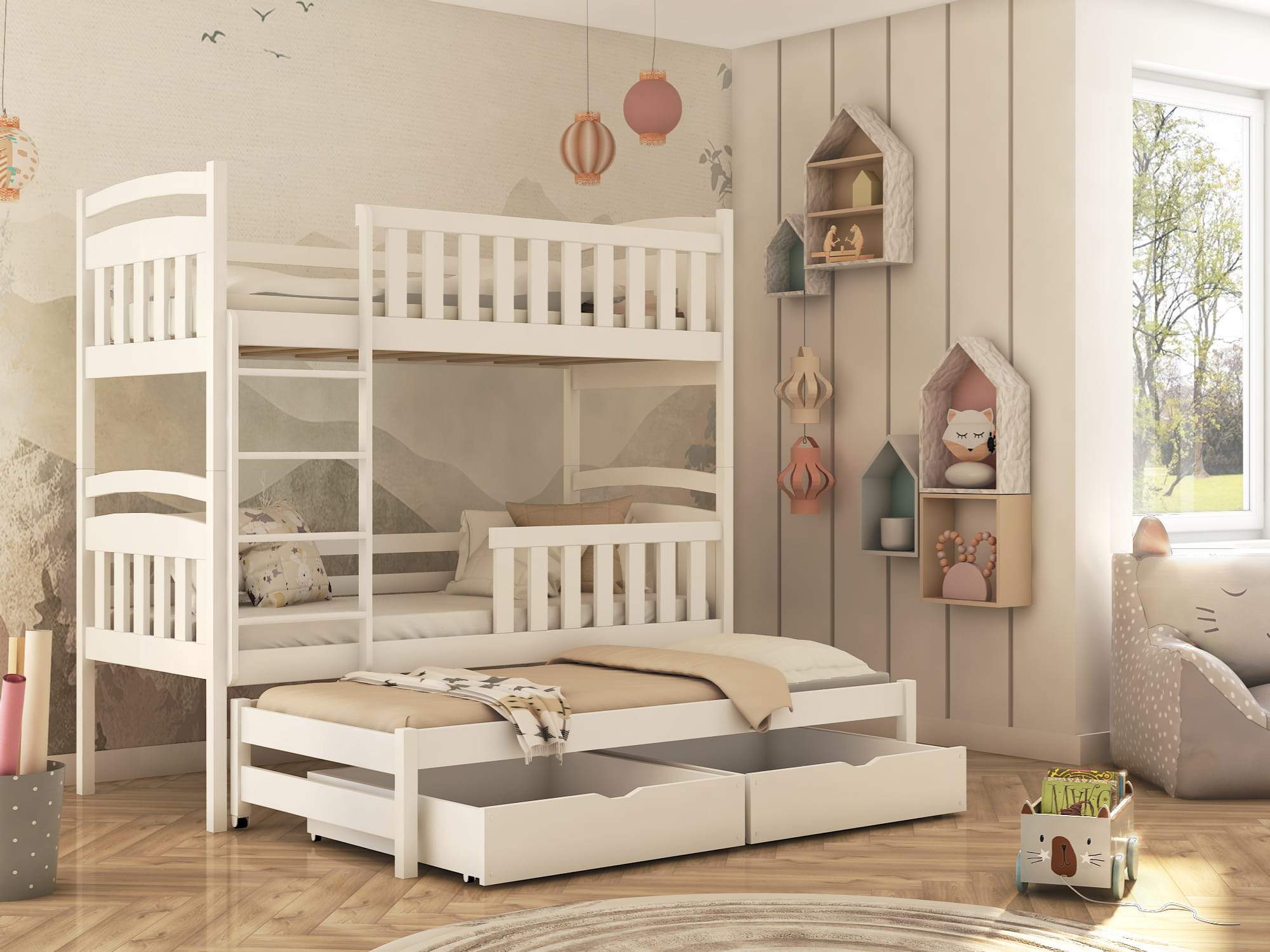 SALLY Wooden 2 Drawers Storage Double Bed with Trundle - White - Art Nest
