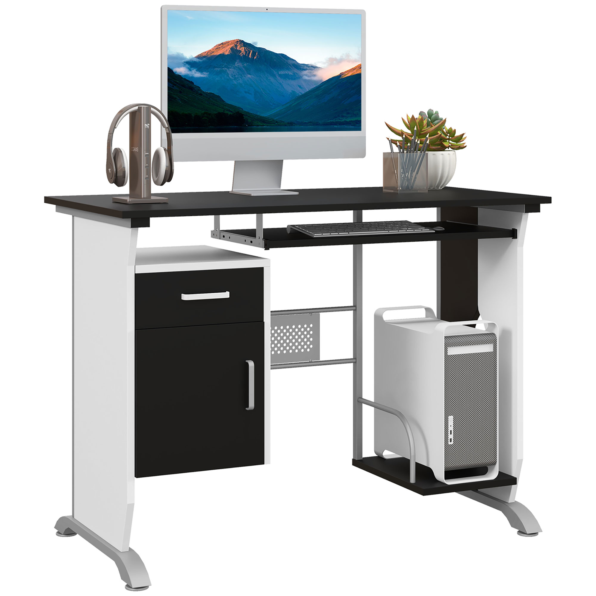 Computer Desk with Sliding Keyboard Tray Storage Drawers and Host Box Shelf Home Office Workstation (Black) - Life Essentials