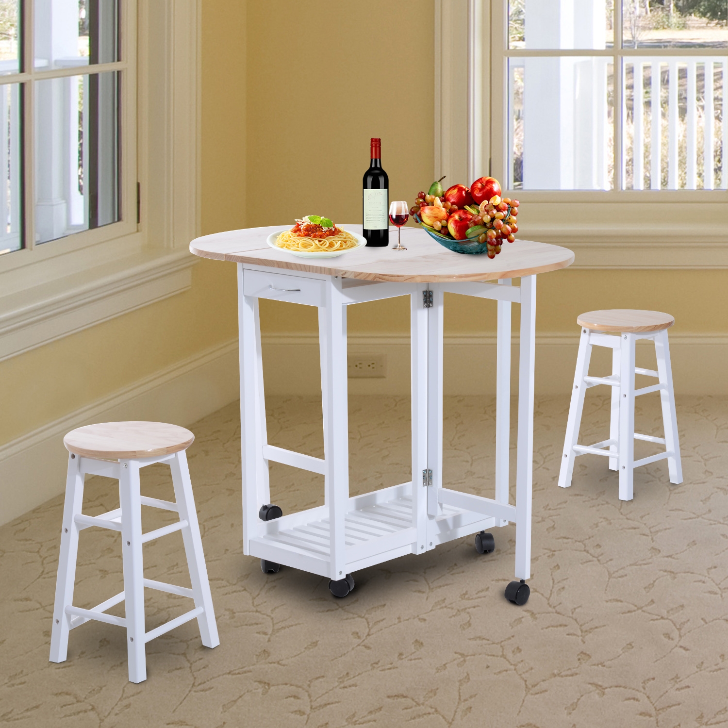 Mobile Folding Wooden Kitchen Trolley Table - White - Home Deals