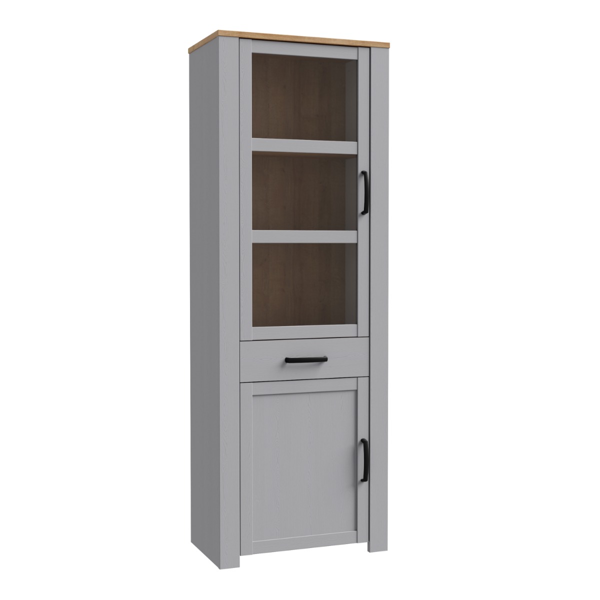 Karen Riviera Oak 2 Door Narrow Display Cabinet with Drawer - Grey - Rosalind Collection