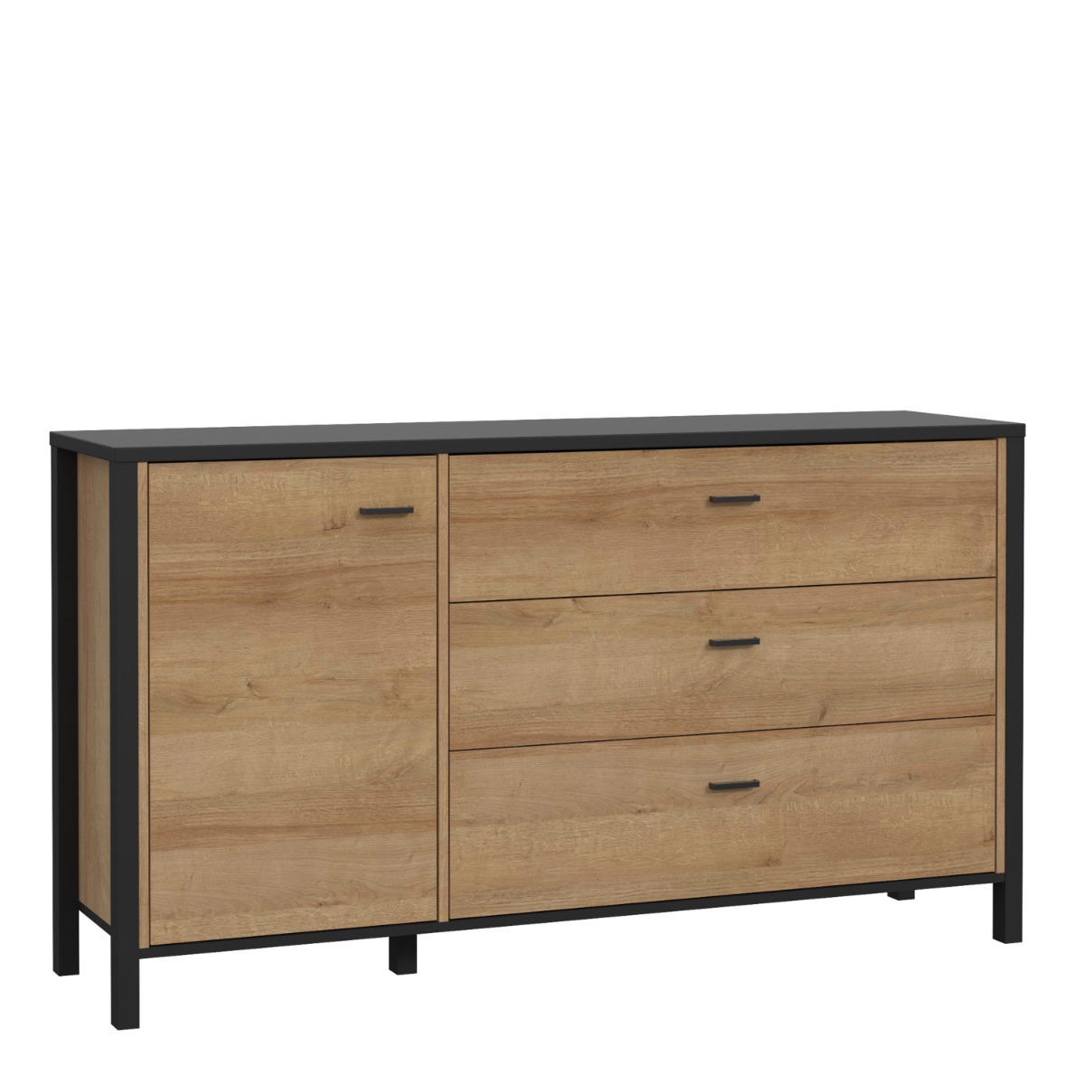 Broxtowe Matt Black Metal Frame Sideboard with 3 Drawer and Door - Riviera Oak - Rosalind Collection