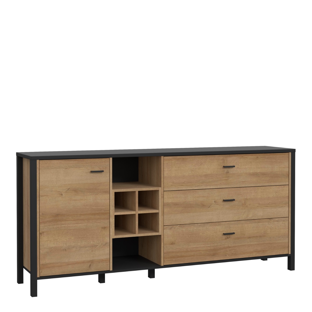 Broxtowe Matt Black Metal Frame Large Sideboard with 3 Drawer and Door - Riviera Oak - Rosalind Collection