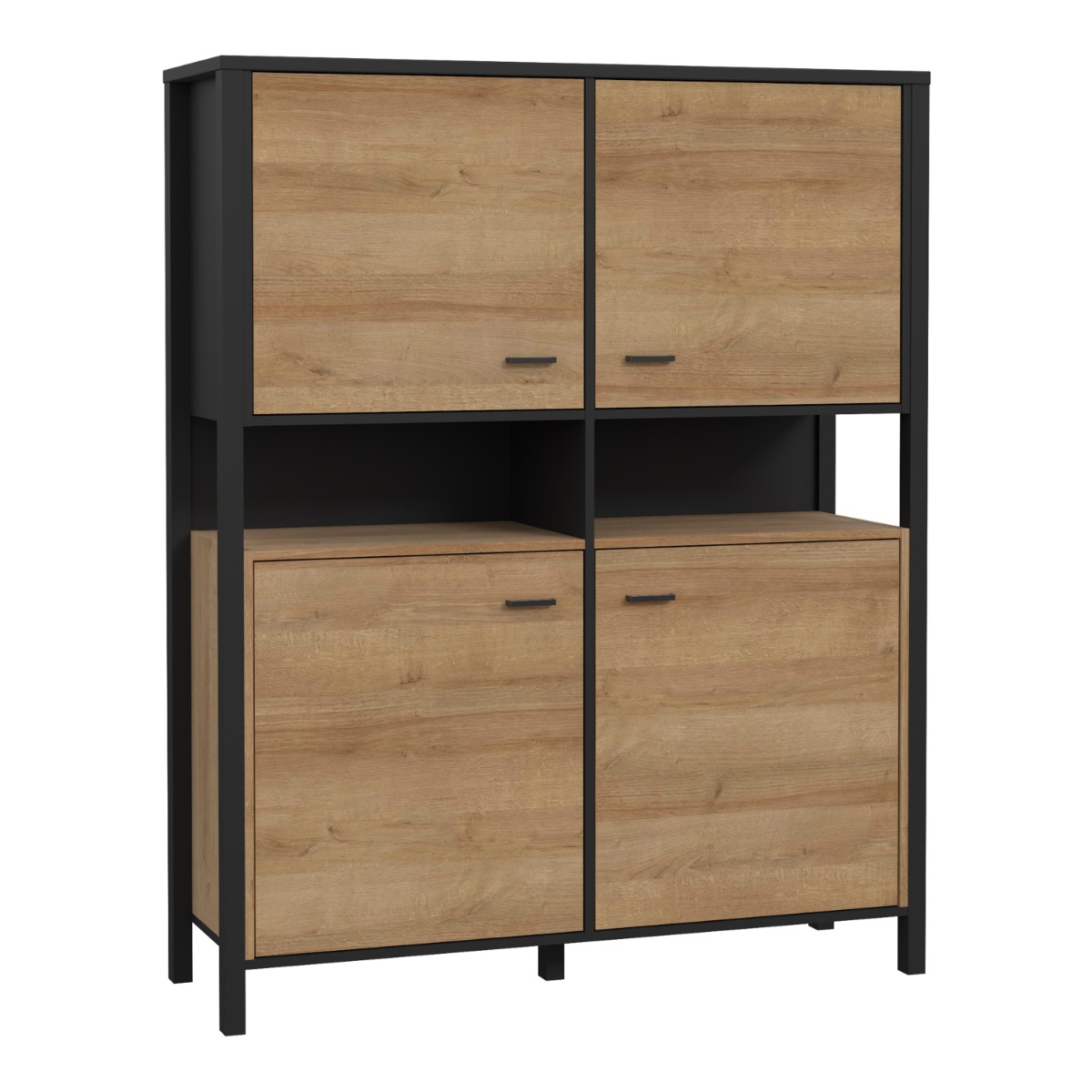 Broxtowe Matt Black Metal Frame Storage Cabinet with 4 Doors and Shelf - Riviera Oak - Rosalind Collection