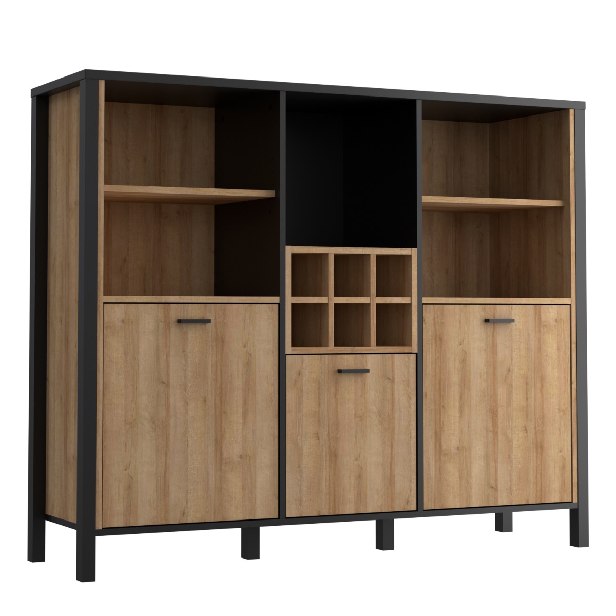 Broxtowe Matt Black Metal Frame Shelf Unit with 3 Door and Multiple Shelves - Riviera Oak - Rosalind Collection