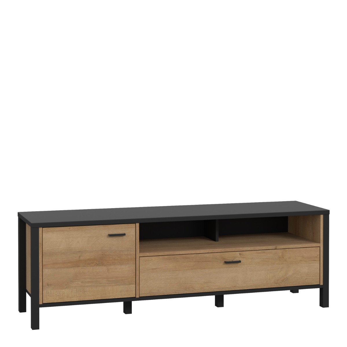 Broxtowe Matt Black Metal Frame Wide TV Unit with Door and Drawer - Riviera Oak - Rosalind Collection