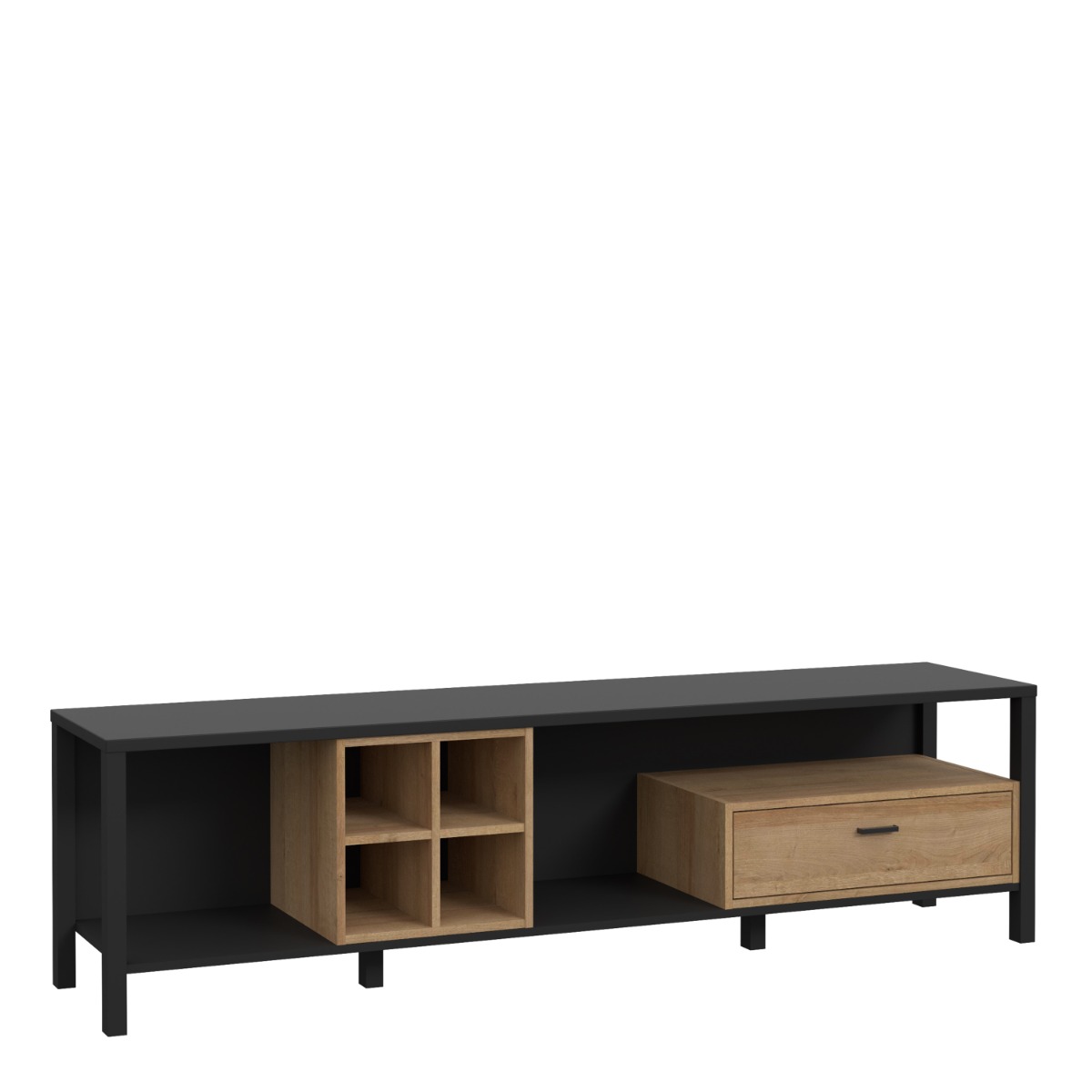 Broxtowe Matt Black Metal Frame Wide TV Unit with Drawer and 4 Cube Open Storage - Riviera Oak - Rosalind Collection