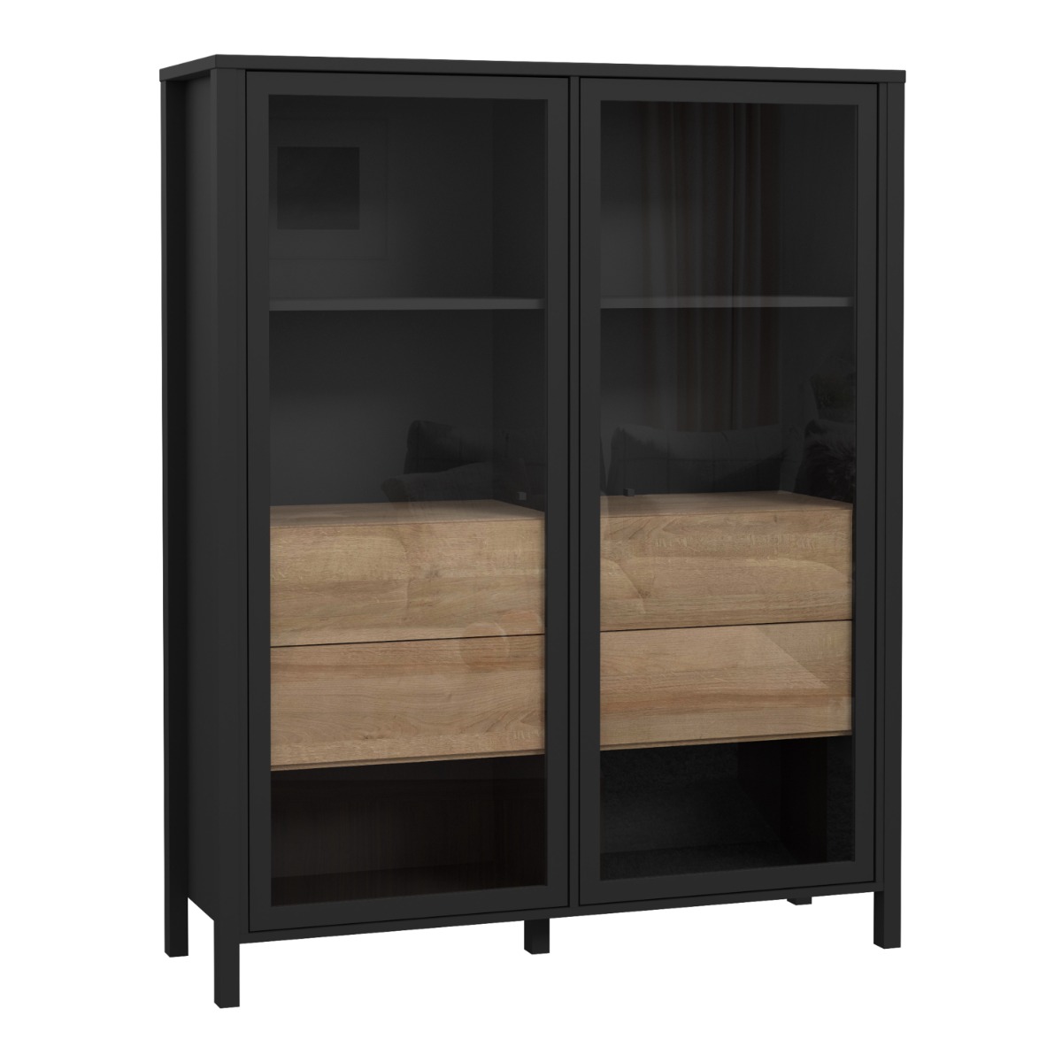 Broxtowe Matt Black Metal Frame Extra Wide Display Cabinet with 2 Glass Doors and Multiple Shelves - Riviera Oak - Rosalind Collection
